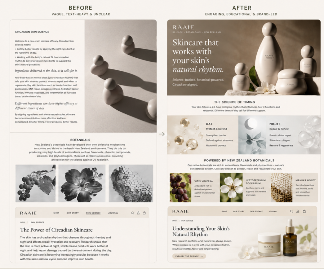 Comparison of skincare product marketing materials, showing a 'Before' version with vague, heavy text and unclear imagery, and an 'After' version with engaging, educational content featuring product images, botanical illustrations, and information on circadian skincare backed by New Zealand botanicals.