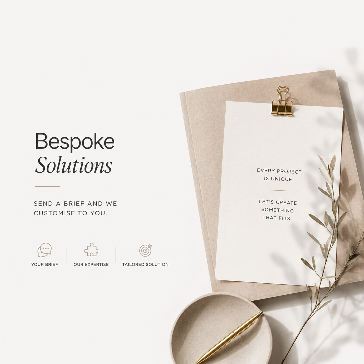 A promotional image for bespoke solutions featuring a beige folder, a clipped sheet with motivational text, a gold pen in a small ceramic dish, and a sprig of leaves against a light background with minimalist icons and text.
