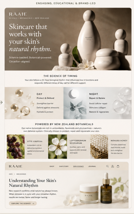 Dermatology skincare brochure featuring RAaie botanical skincare products, with information on skin rhythms, plant ingredients, and product offerings.