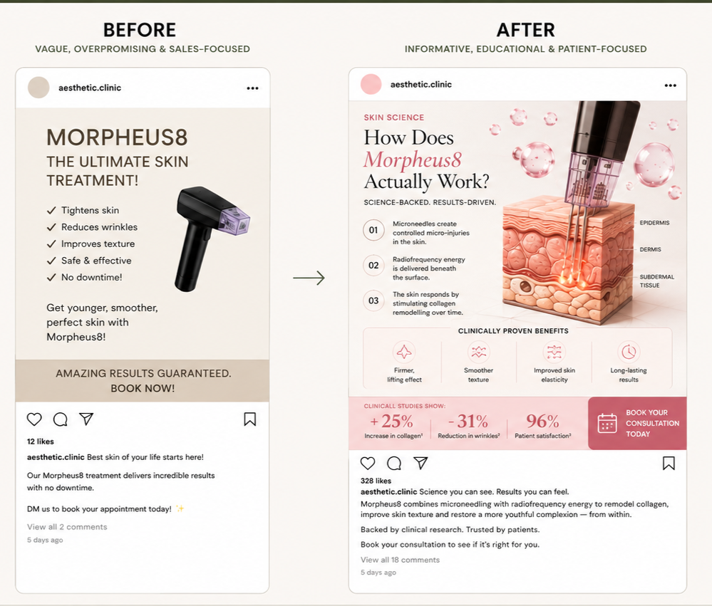 Comparison of two social media posts about Morpheus8 skin treatment. The 'Before' post promotes it as a quick, effective way to tighten skin, reduce wrinkles, and improve texture. The 'After' post explains how it works with microneedling and radiofrequency energy, emphasizing clinical benefits like collagen growth, smoother skin, and long-lasting results, supported by clinical studies.