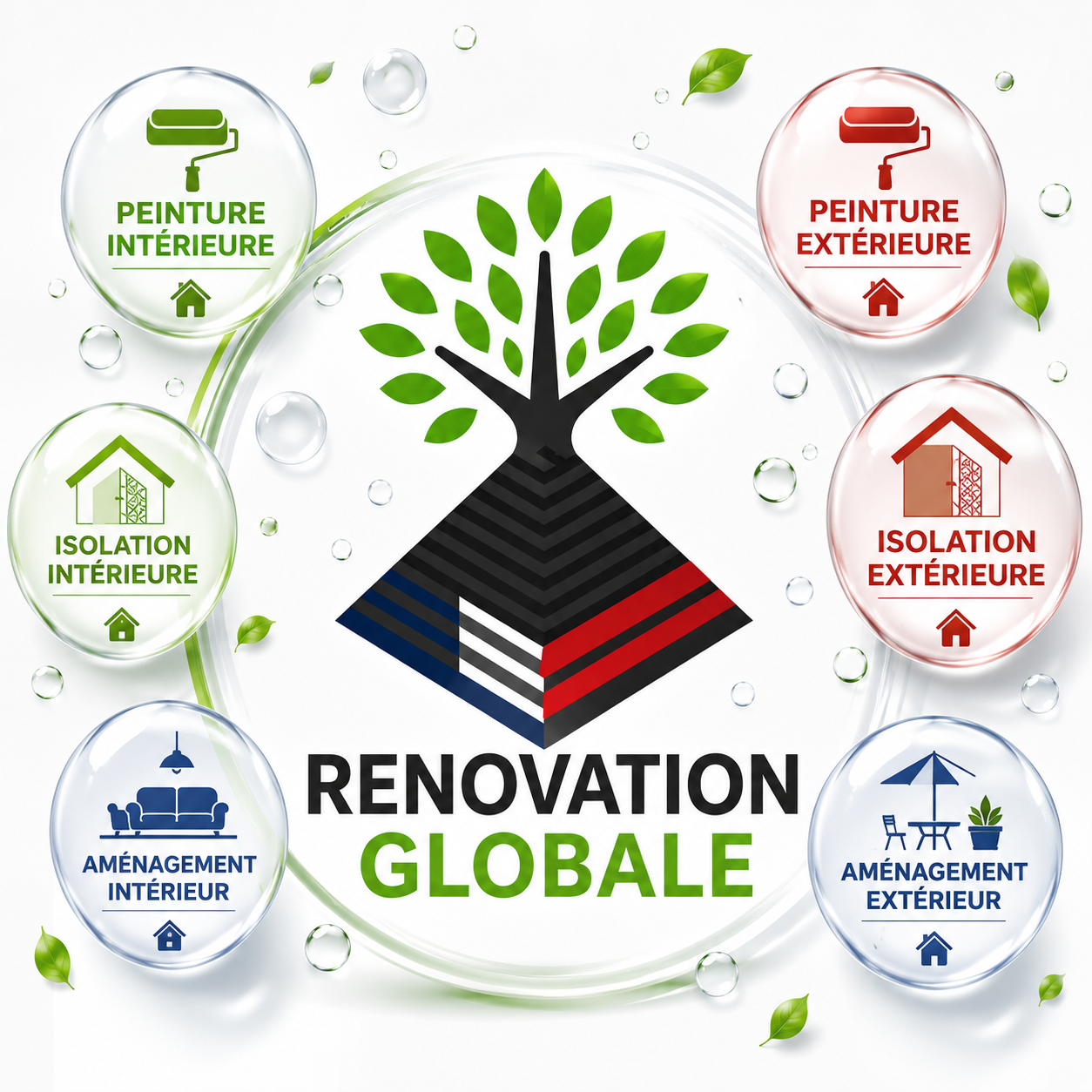 Infographie sur la rénovation globale de la maison, montrant différentes options d'isolation et de peinture intérieure et extérieure, avec un arbre stylisé au centre et des bulles contenant des icônes.