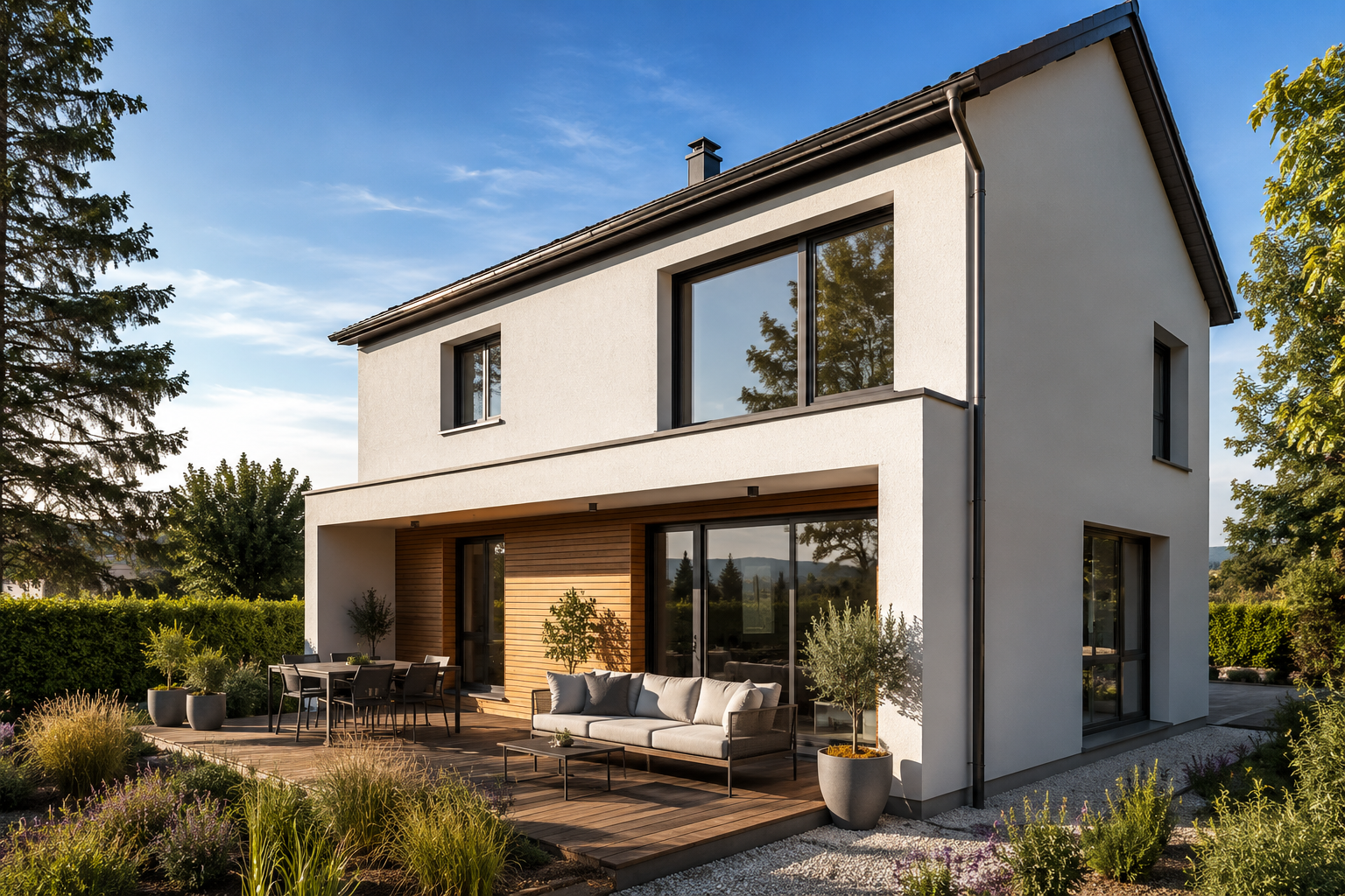 Maison moderne à deux étages avec terrasse en bois, mobilier extérieur, plantes en pots et jardin, sous un ciel bleu ensoleillé.