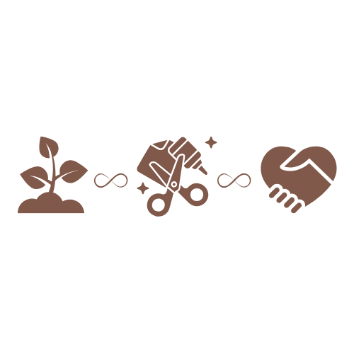 Illustration of a plant, scissors cutting a branch, and a handshake, symbolizing growth, care, and cooperation.