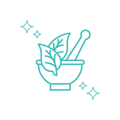 Line drawing of a mortar and pestle with leaves, sparkling stars around it.
