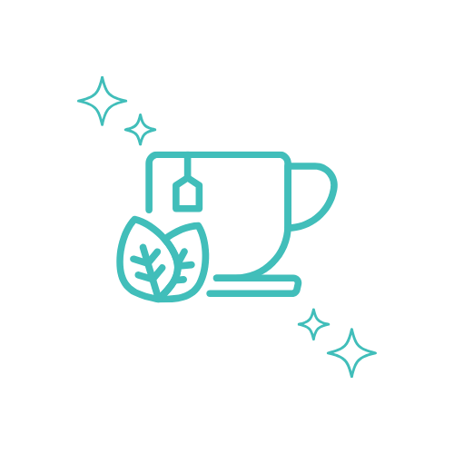 Outline of a steaming tea cup with a teabag and two leaves, surrounded by sparkling stars on a black background.