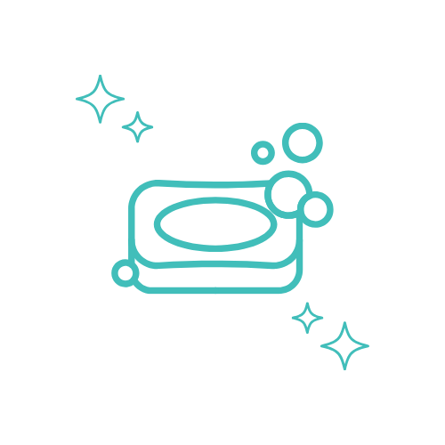 Line drawing of a soap bar with bubbles and sparkles surrounding it.