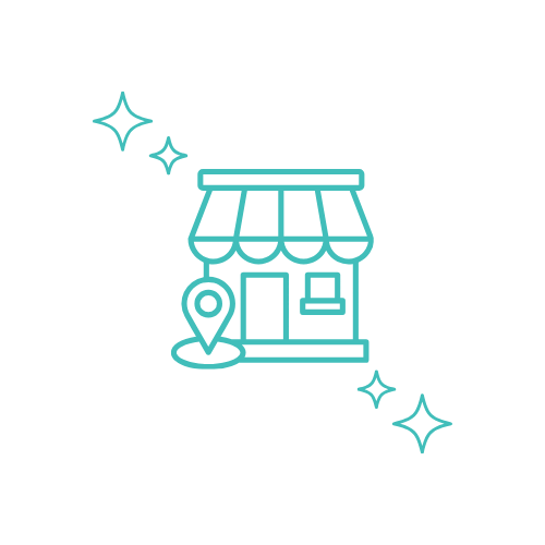 Line drawing of a small storefront with an awning, a location pin, and sparkling stars around it, representing a business or shop.