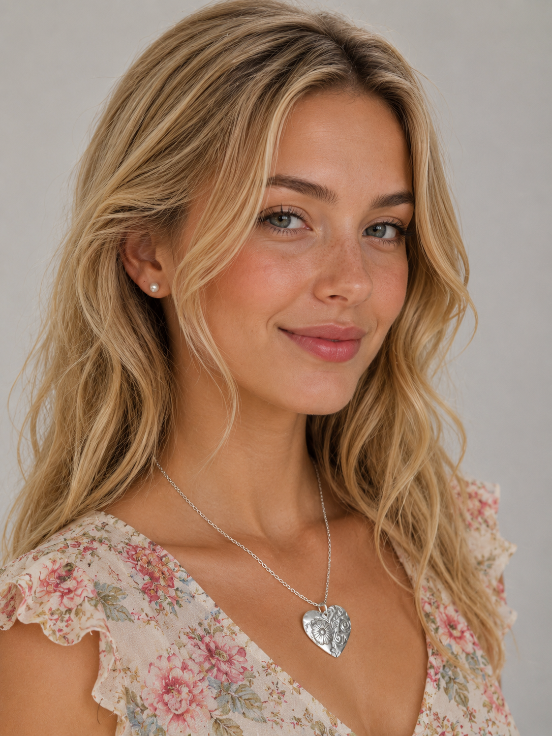 Young woman with blonde hair, wearing a floral dress, silver heart-shaped pendant and pearl earrings, smiling softly against a plain light background.