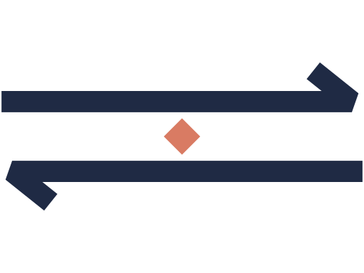 A geometric icon for "Trade" where two arrows point in opposite directions around a single point.