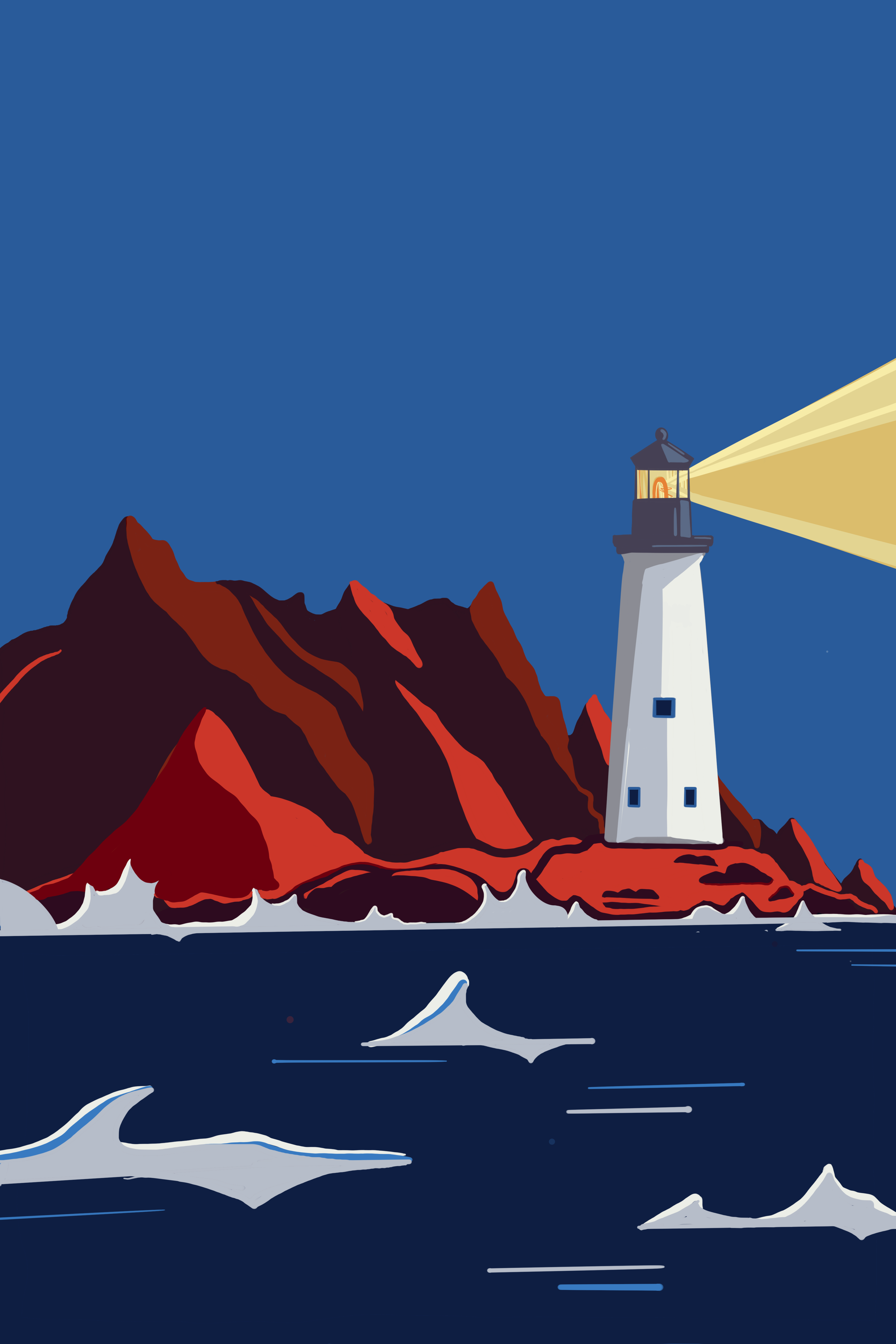 Illustration of a lighthouse on a rocky red island with waves crashing against it, underwater icebergs visible, and a dark blue sky.