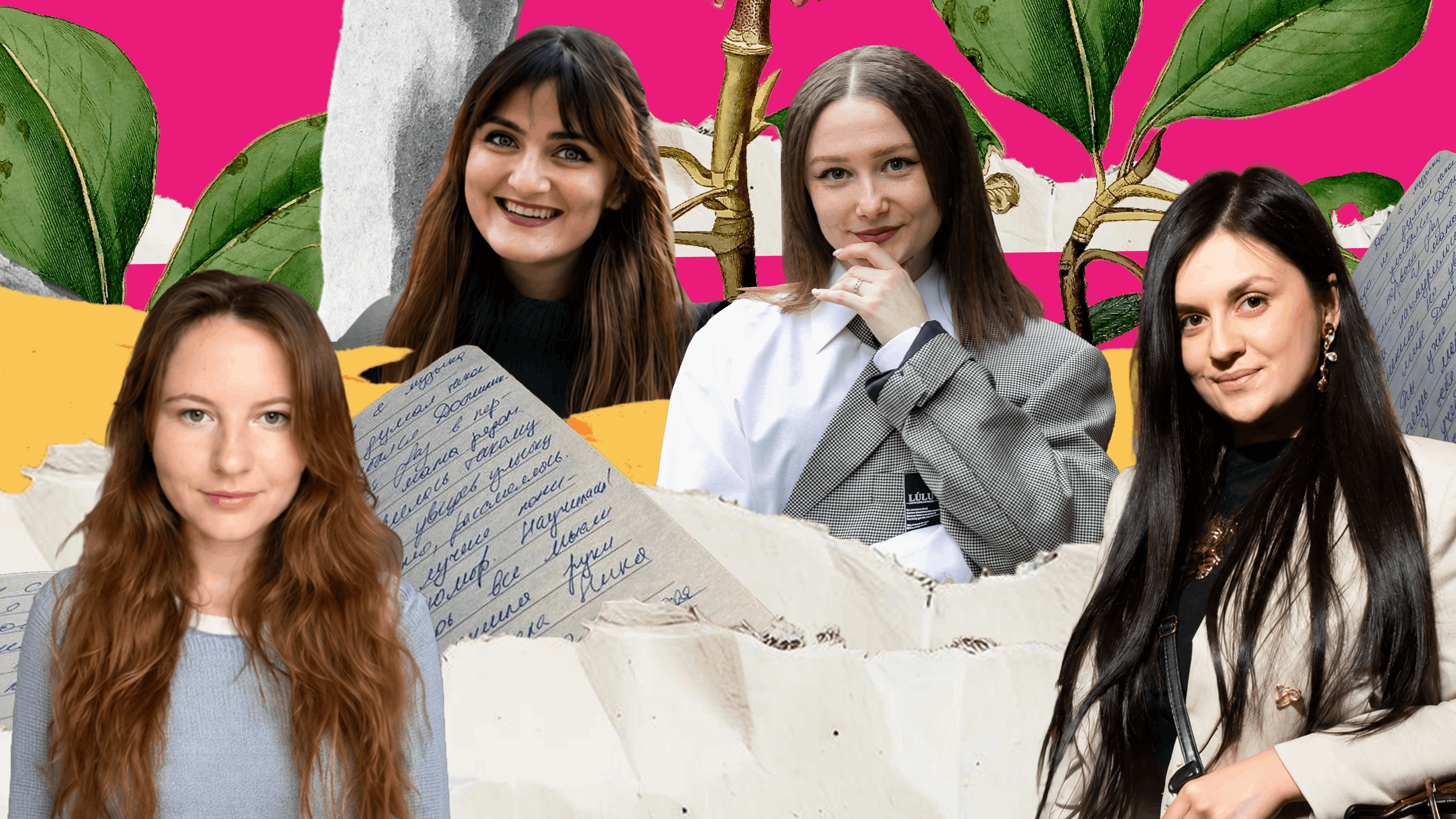 Collage artwork featuring four women with different hair colors and styles, layered with torn paper, handwritten notes, large green leaves, and a vibrant pink background.