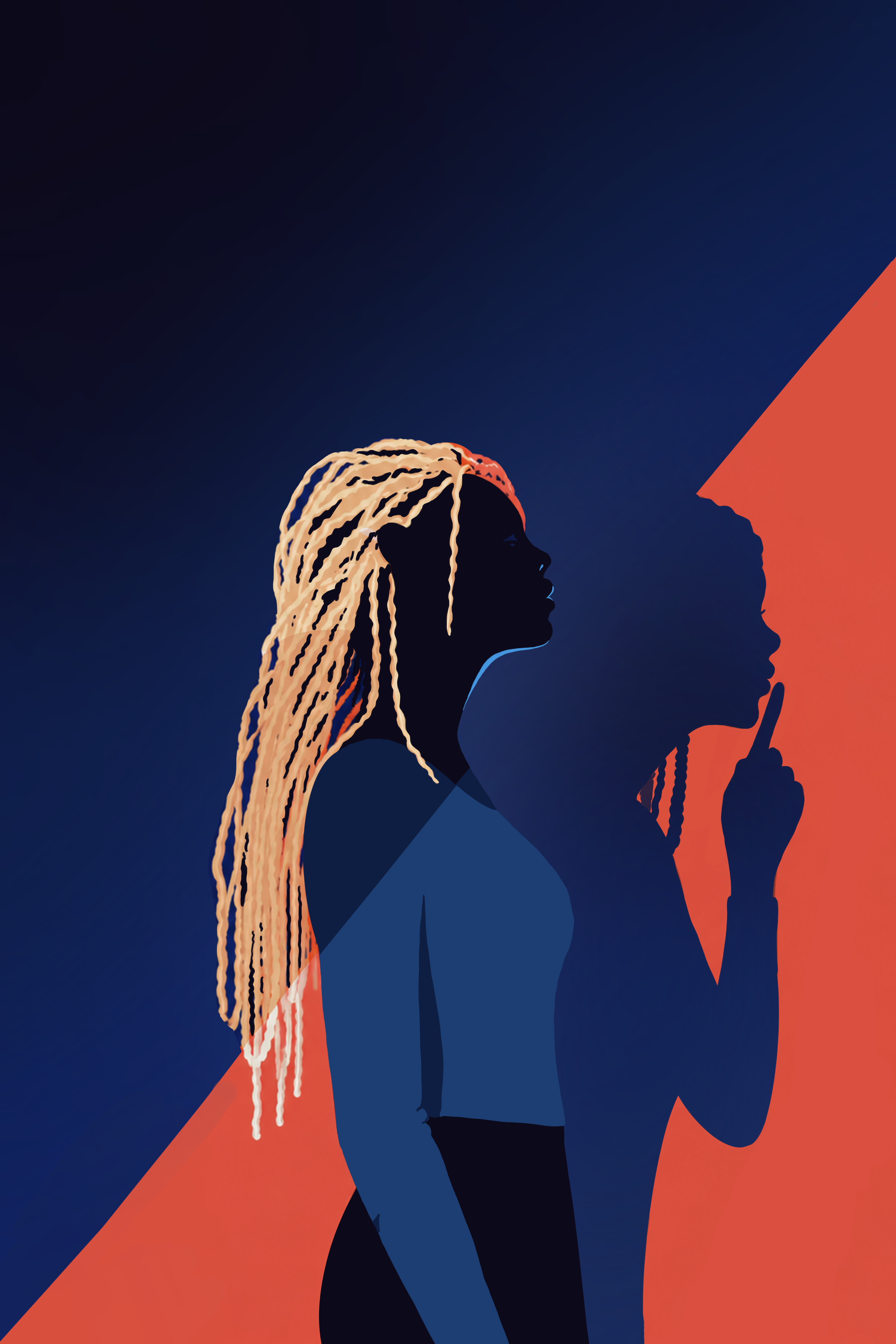 Silhouettes of two women with their hair and clothing displaying the colors and style of the American flag, standing back-to-back with one finger on her lips, set against a gradient background.