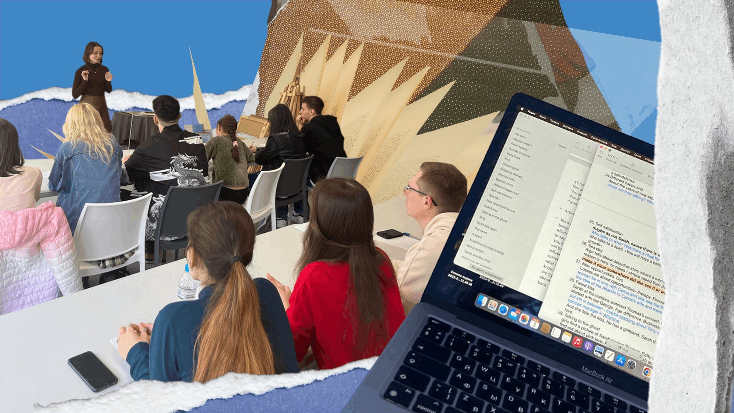 A classroom or seminar setting with students seated at tables, listening to a woman standing at the front. The image is digitally edited with a collage effect, featuring a large open book, a laptop displaying text, and a background that includes a blue and white scene resembling a seascape.