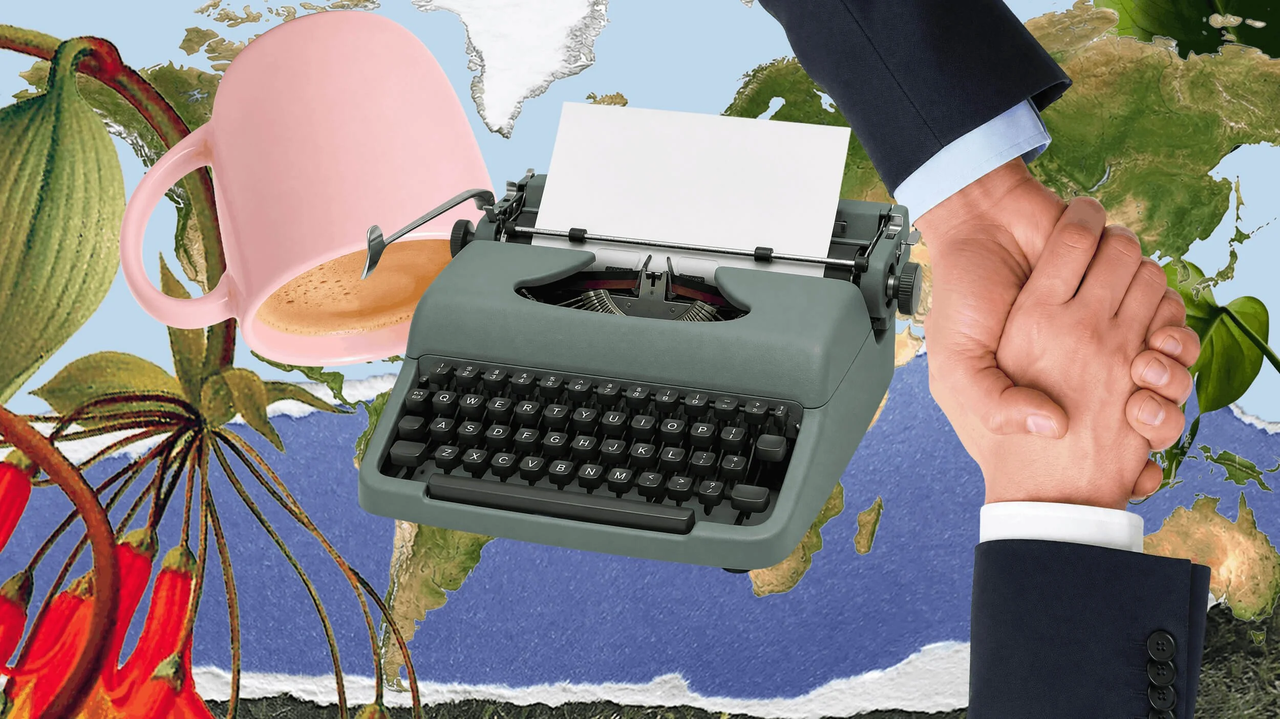 A typewriter with a blank sheet of paper, a pink mug, and a person's hand in a business suit gripping another person's hand, set against a background of a world map.