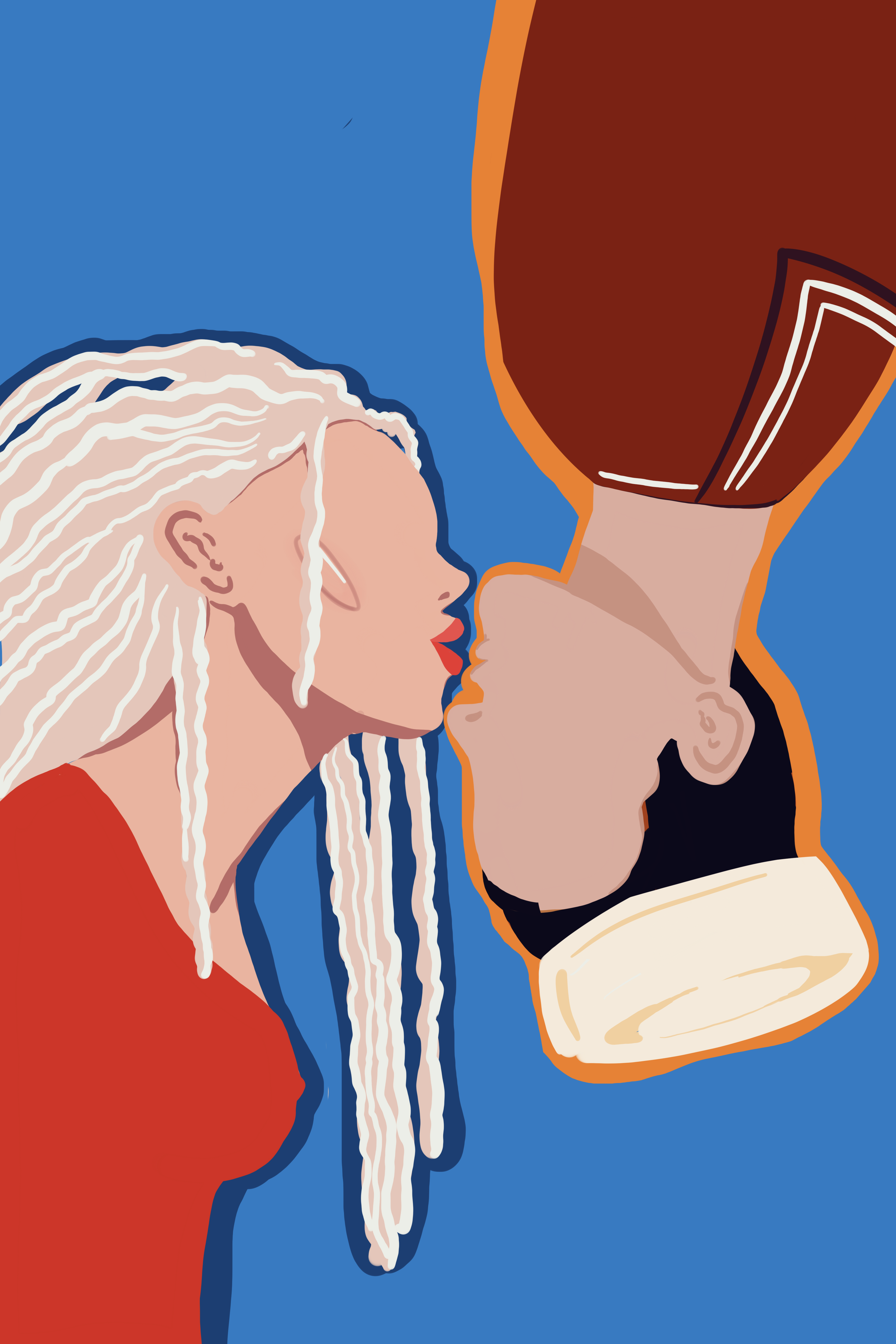 An abstract illustration of a woman with long white hair and red lipstick, holding a glass of wine, against a blue background.