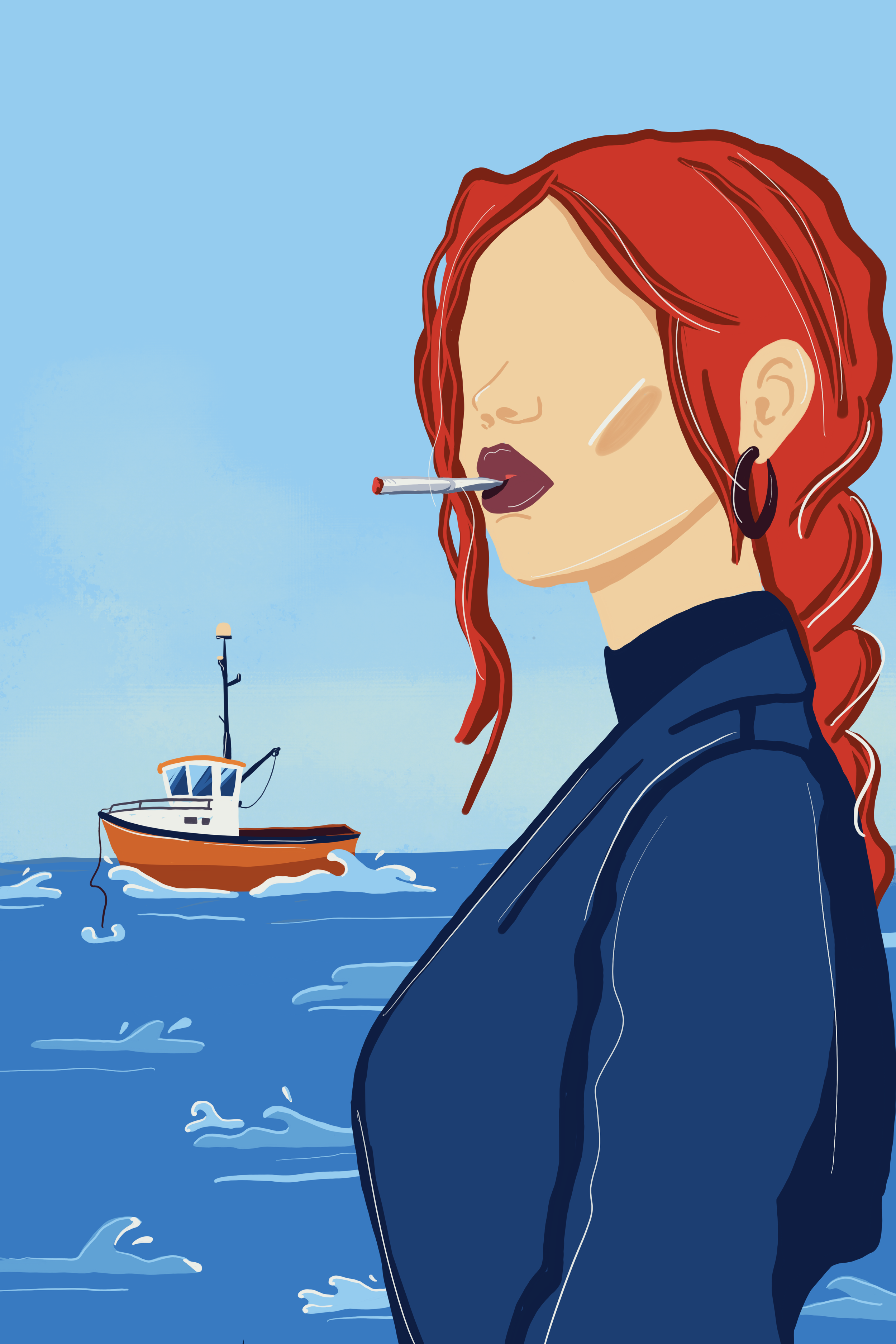A digital illustration of a woman with red hair, wearing a dark blue jacket, holding a cigarette in her mouth, with a fishing boat in the background on the water against a clear blue sky.
