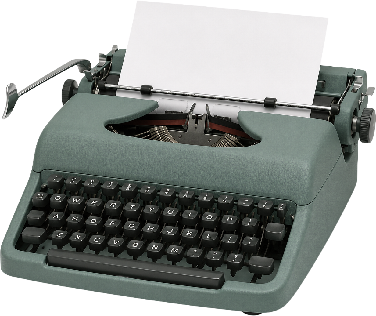 A vintage green typewriter with black keys and a sheet of blank white paper loaded into the roller.
