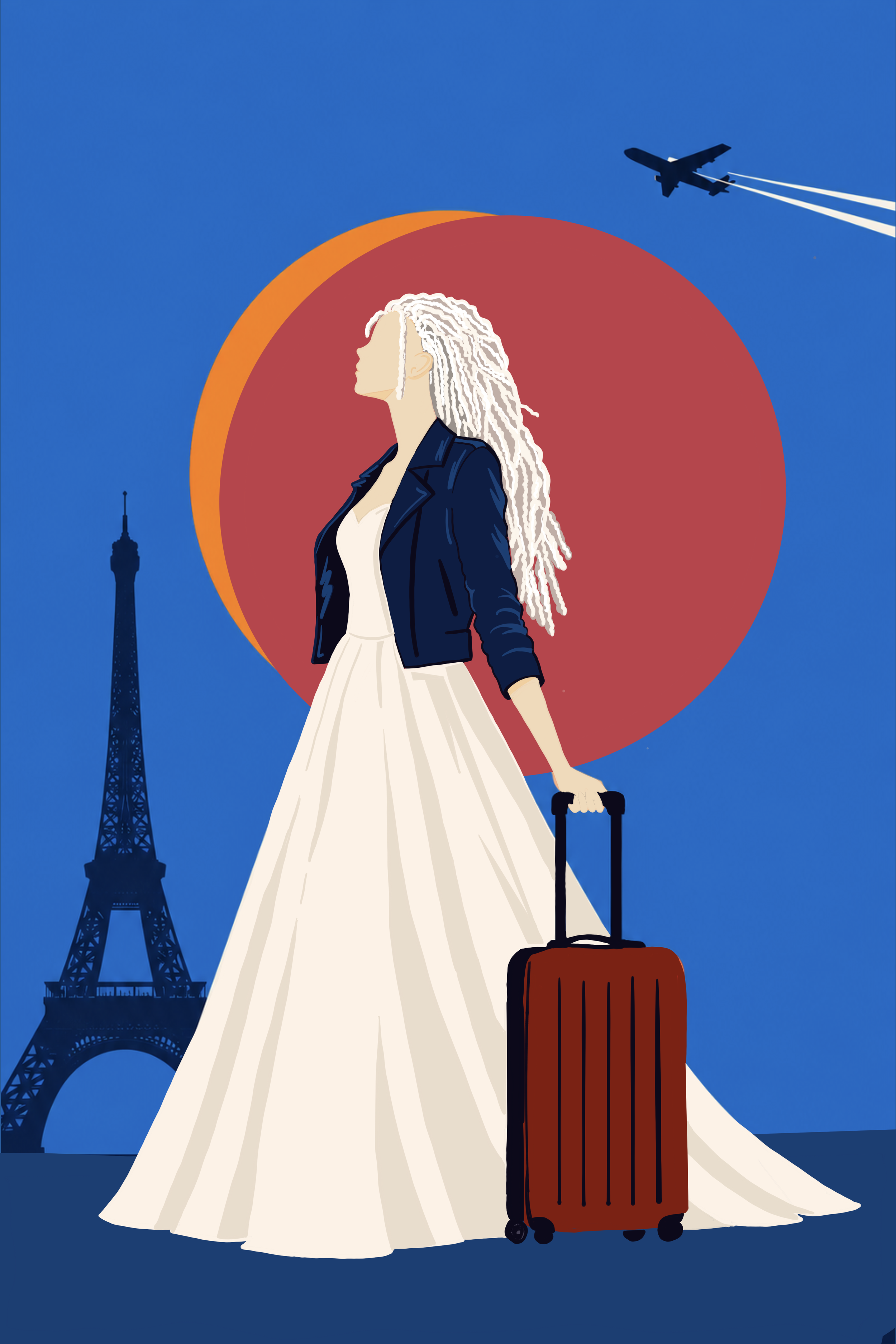 Illustration of a woman with long white dreadlocks, wearing a dark jacket and a white dress, standing in front of the Eiffel Tower. She is holding a small rolling suitcase and has a larger orange rolling suitcase beside her. A jet flies through a blue sky with a red and orange sun in the background.
