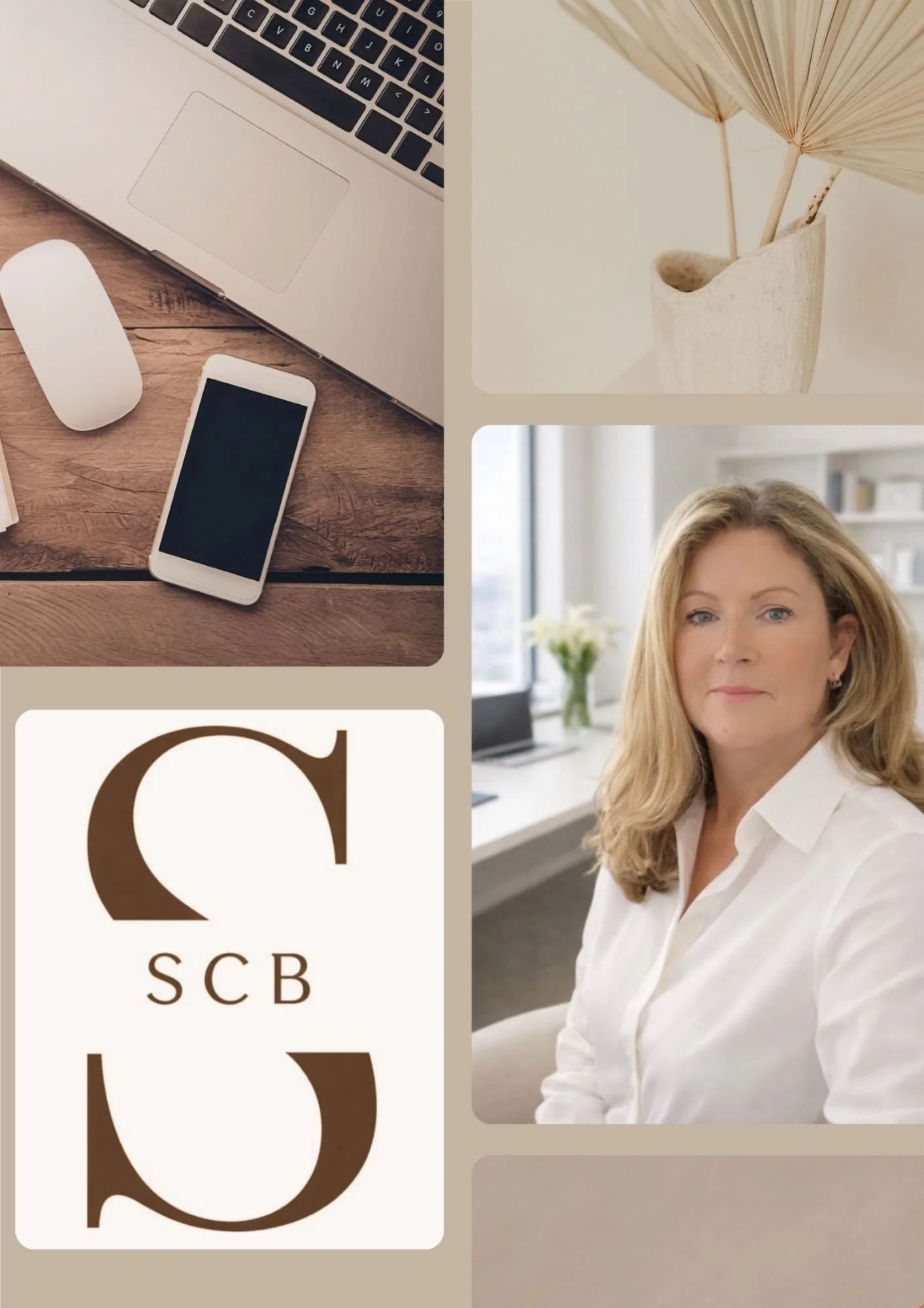 Une image composée de quatre parties : une vue d'un ordinateur portable, une barque en bois avec un livre, une tasse, une souris et un téléphone portable sur une table en bois, une publicité pour la banque SCB, et une femme blonde en chemise blanche dans un environnement lumineux et moderne.