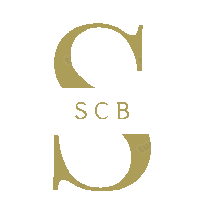 Logo avec le texte 'SCB' et un symbole stylisé en or sur fond noir.