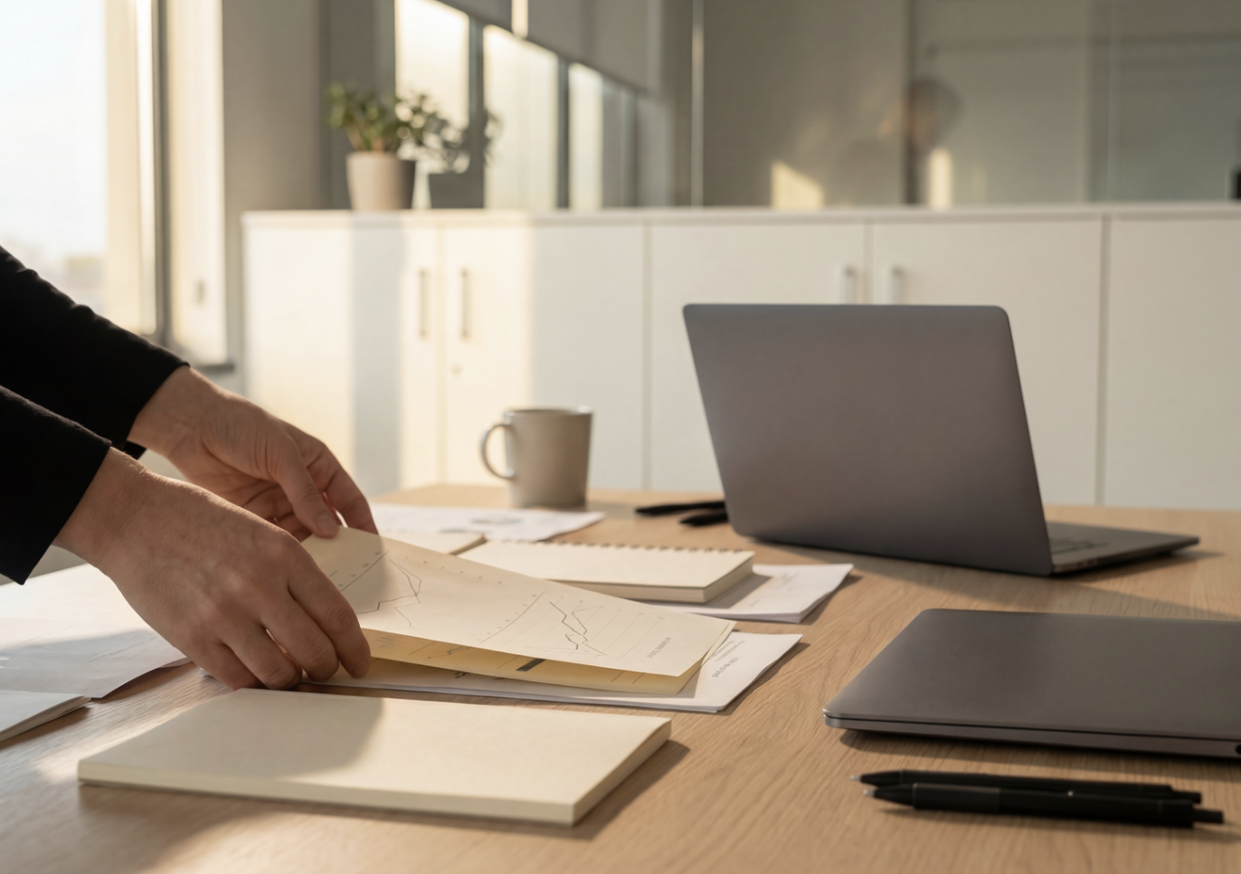 Personne manipulant des documents sur un bureau d'entreprise avec un ordinateur portable, une tasse, et un cahier, dans un environnement de bureau lumineux.