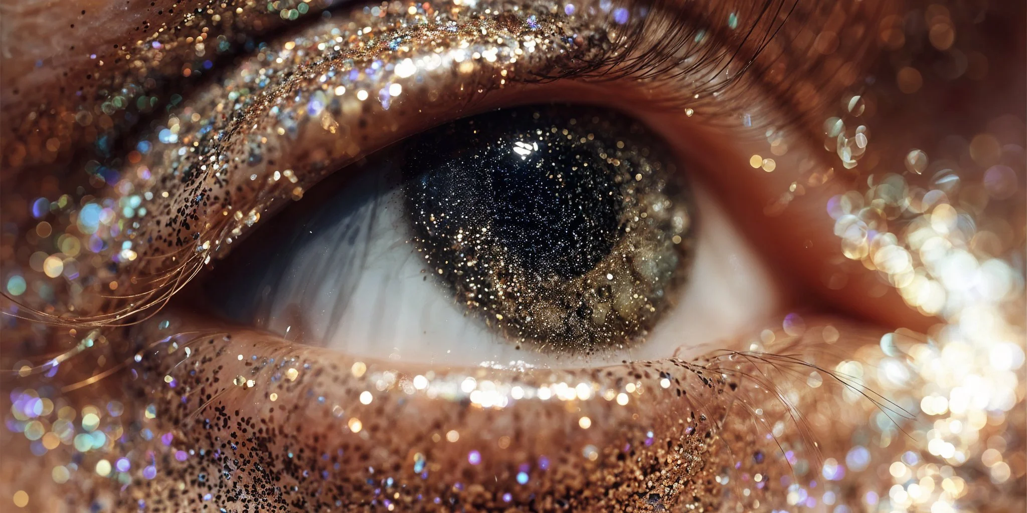 Close-up of a human eye surrounded by glittery gold makeup and sparkles.