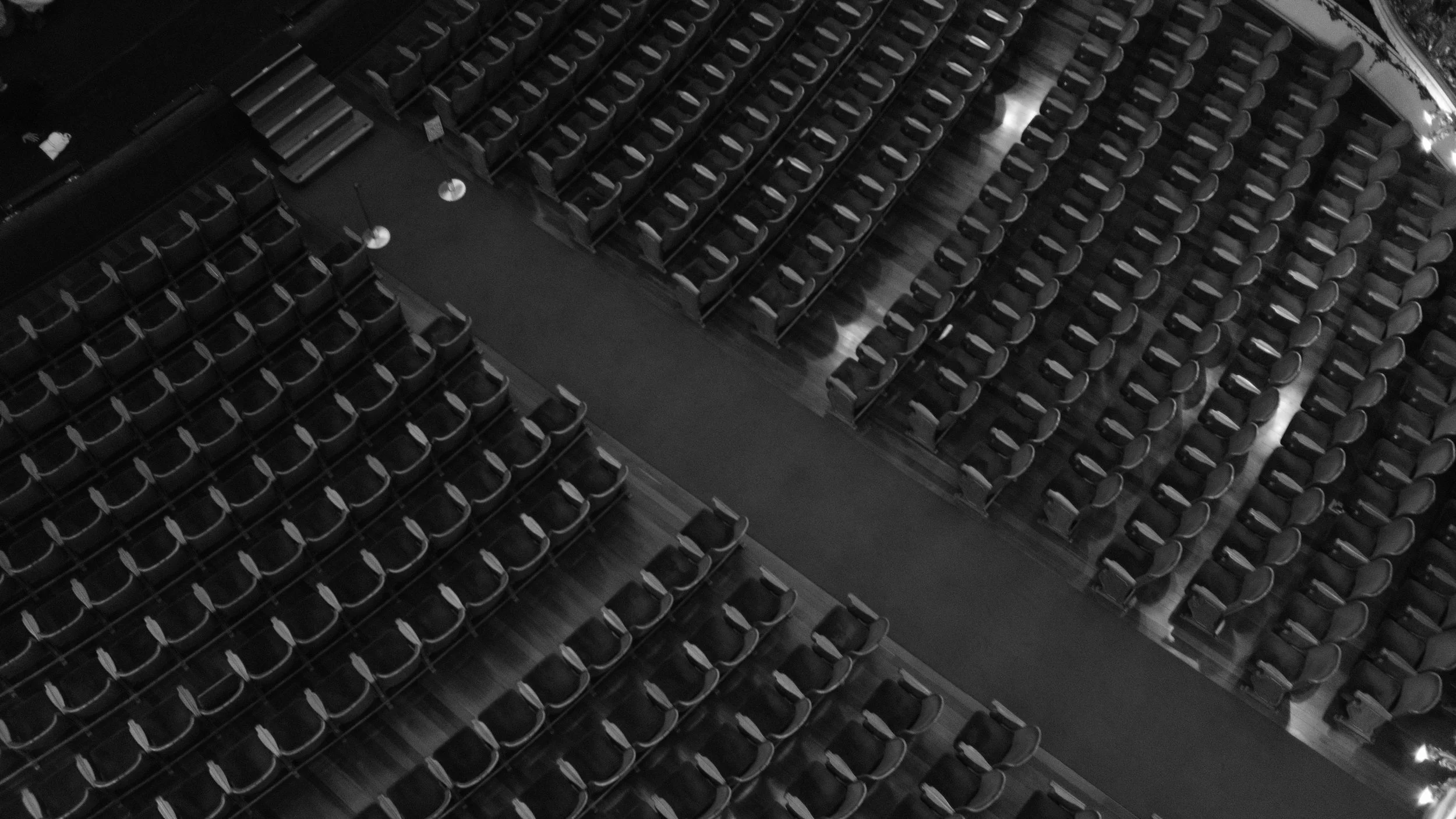 Empty theater with rows of seats seen from above in black and white.