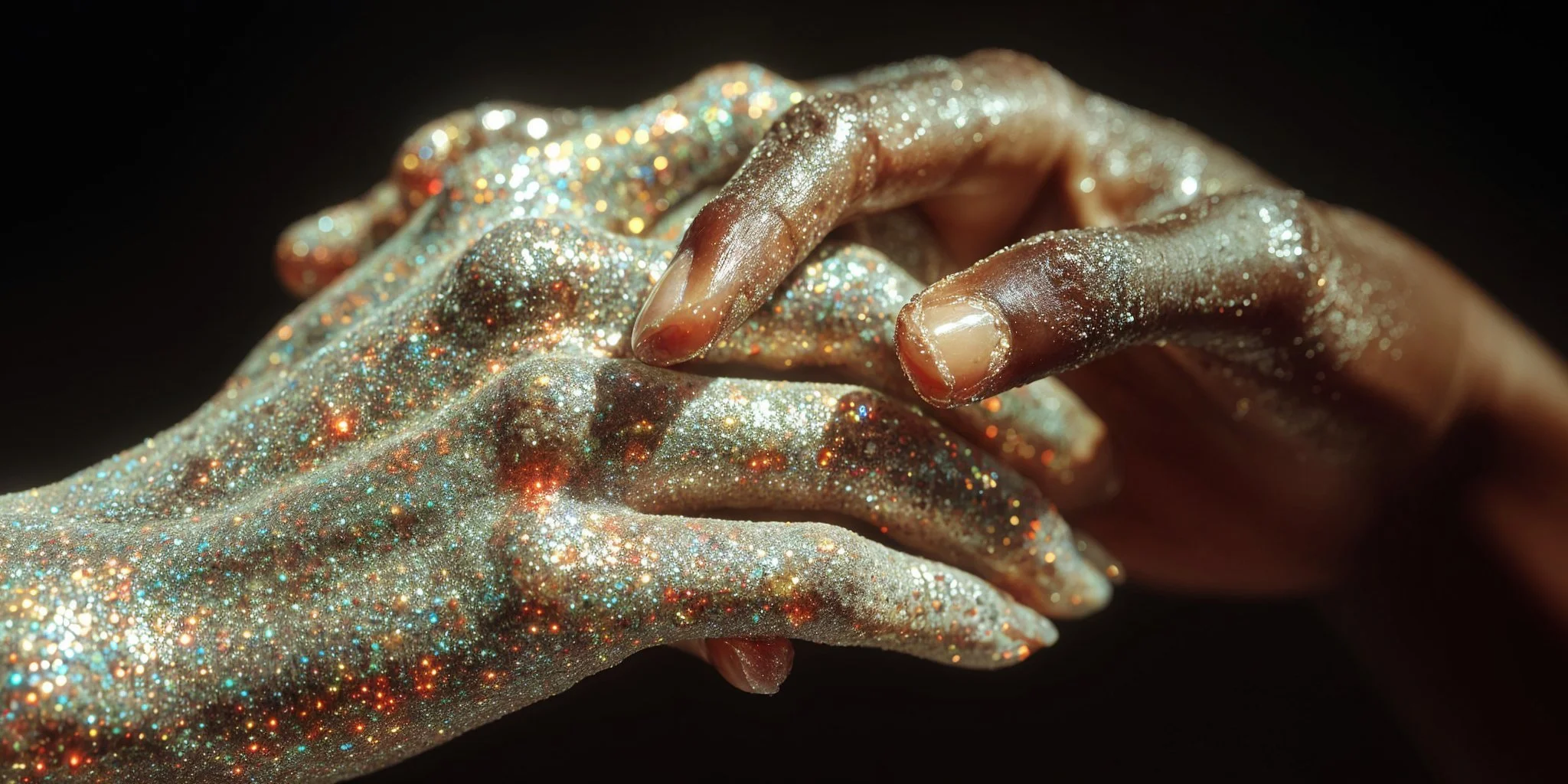 Close-up of two hands covered in glittering, colorful glitter.