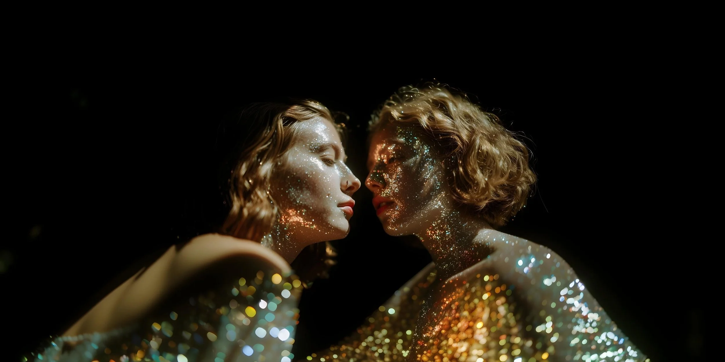 Two women with glitter on their faces and shoulders, facing each other closely with eyes closed, against a black background.