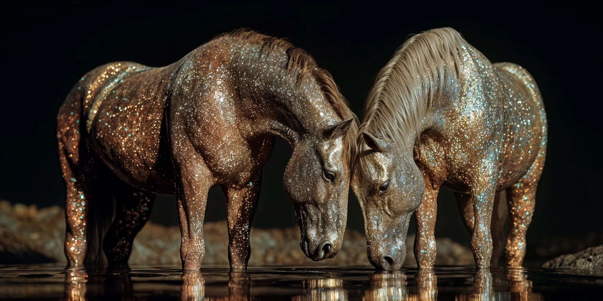 Two horses with bodies and faces covered in glitter standing close together, touching heads, near water at night.