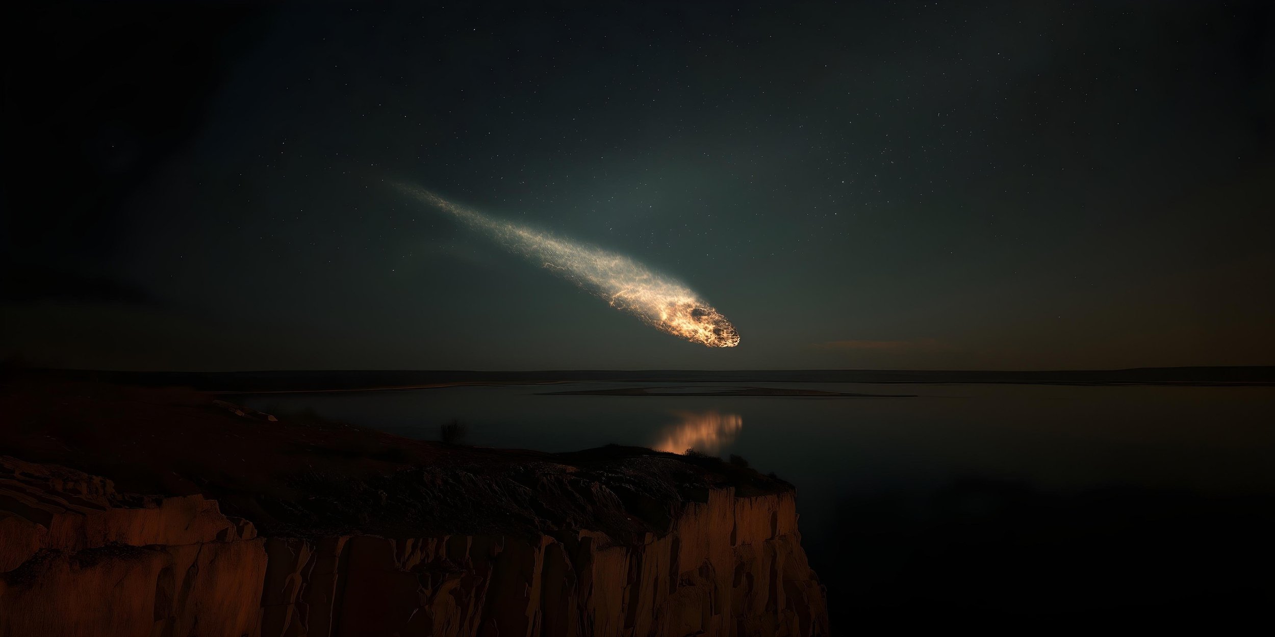 A nighttime scene of the sky over a body of water with a bright meteor or fireball streaking across the sky, illuminating the clouds and reflecting on the water below.