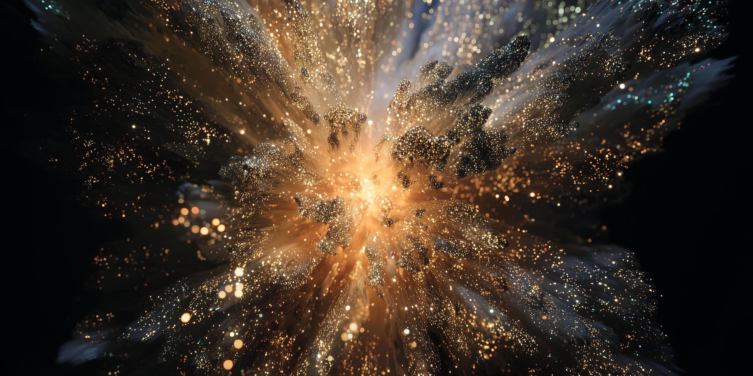 Close-up of an explosion of golden sparks and glittering particles against a dark background.