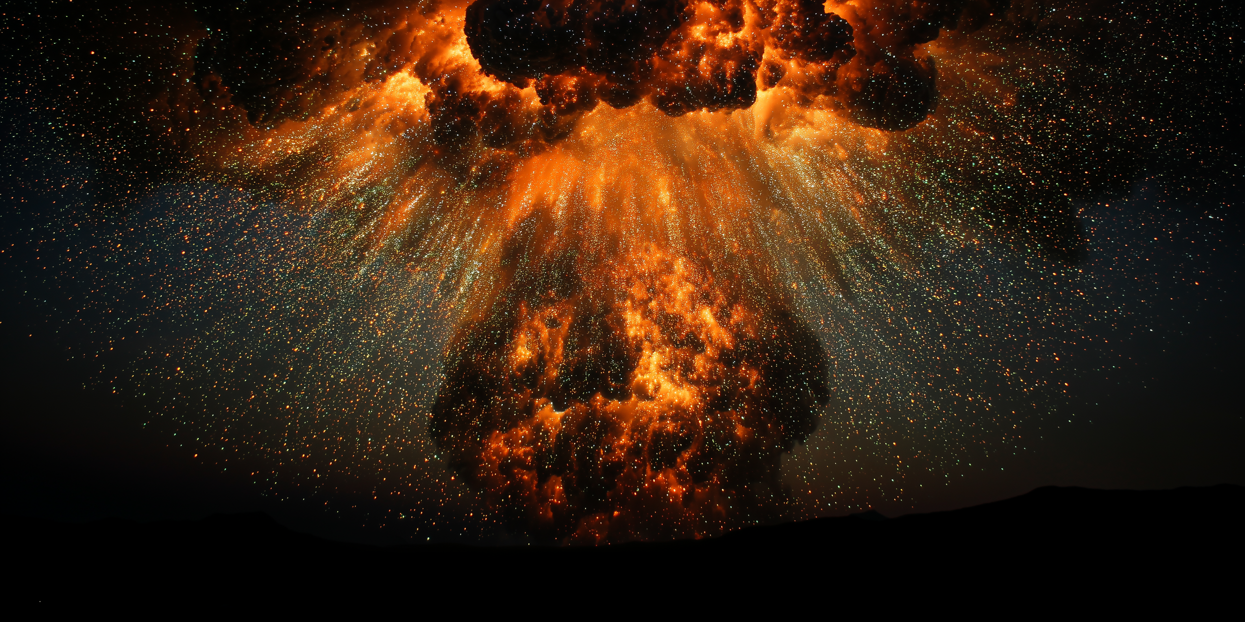 An explosion or fire with dark smoke and bright orange flames in the sky, surrounded by numerous small stars or sparks, resembling a cosmic or space scene.