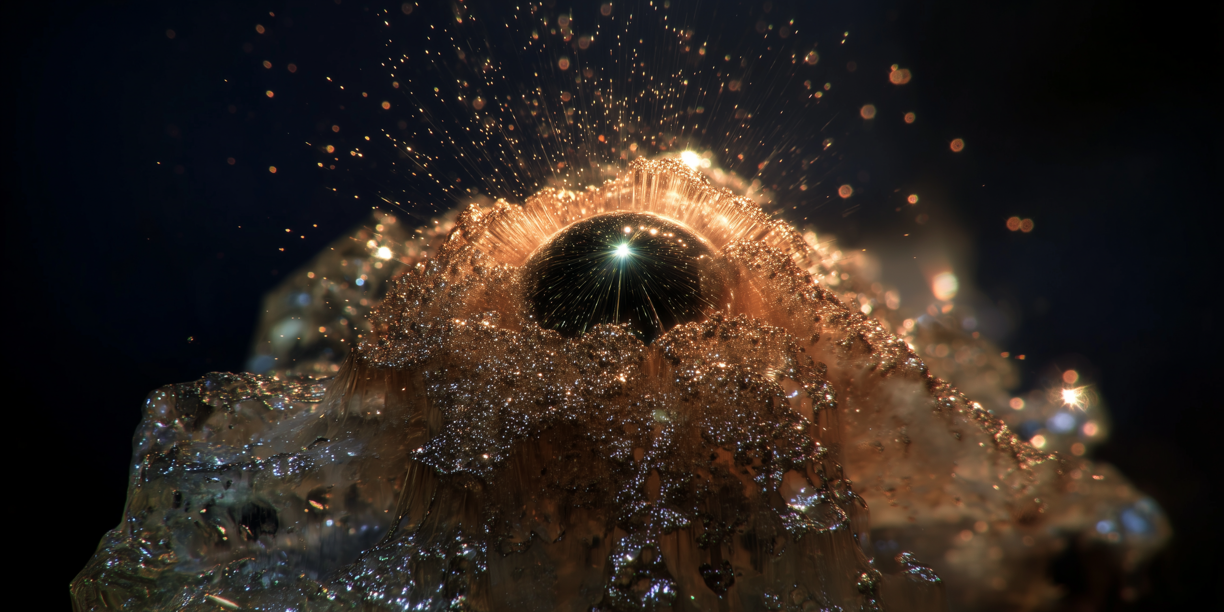 A close-up image of a tiny black hole or vortex with glowing gold particles and sparks radiating outward against a dark background.