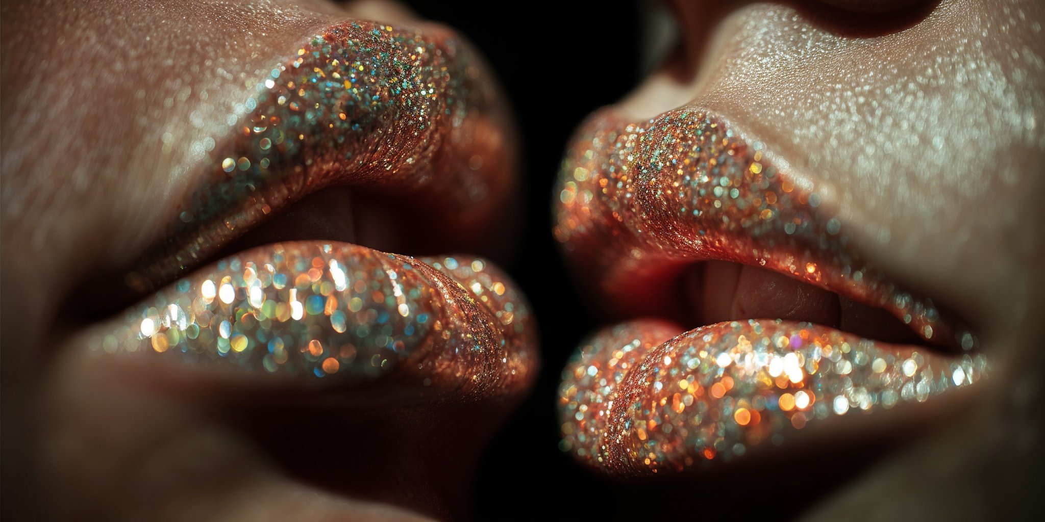 Close-up of two lips with colorful glitter lipstick in gold, orange, turquoise, and red tones.