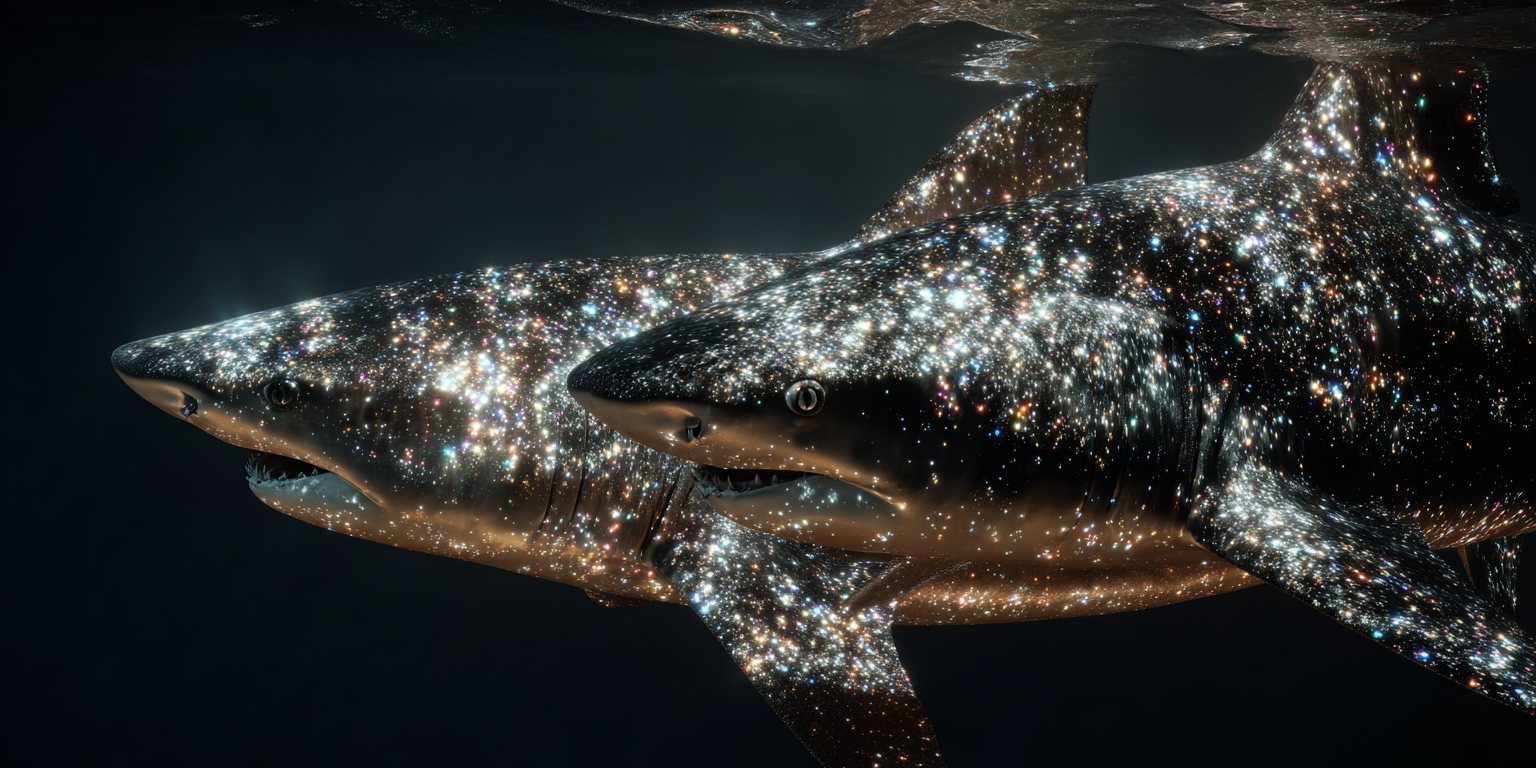 Two sharks swimming underwater with bodies covered in sparkling, star-like lights