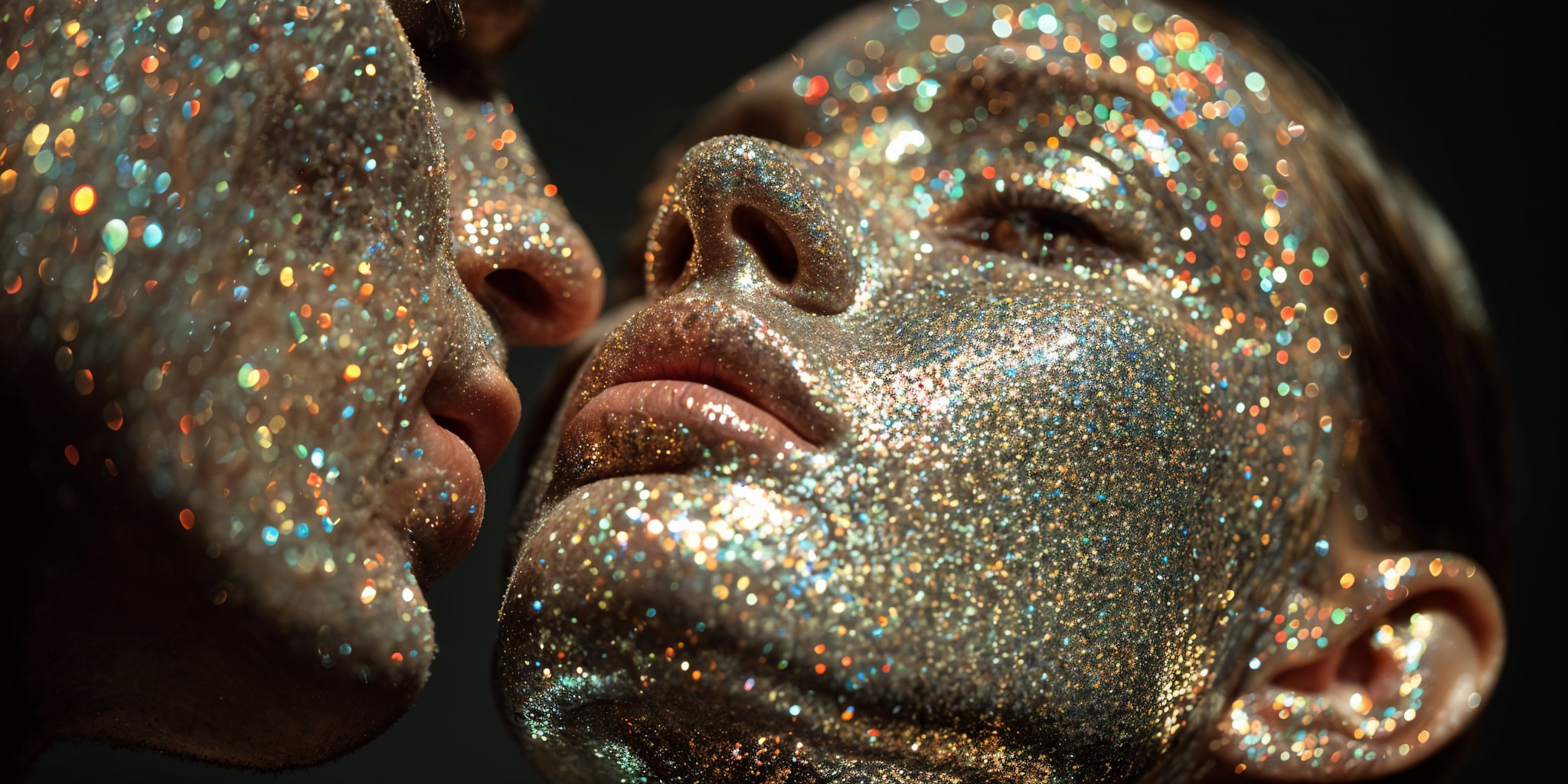 Two faces covered in gold and multicolored glitter close together, one face with eyes closed and the other facing the face with eyes closed.