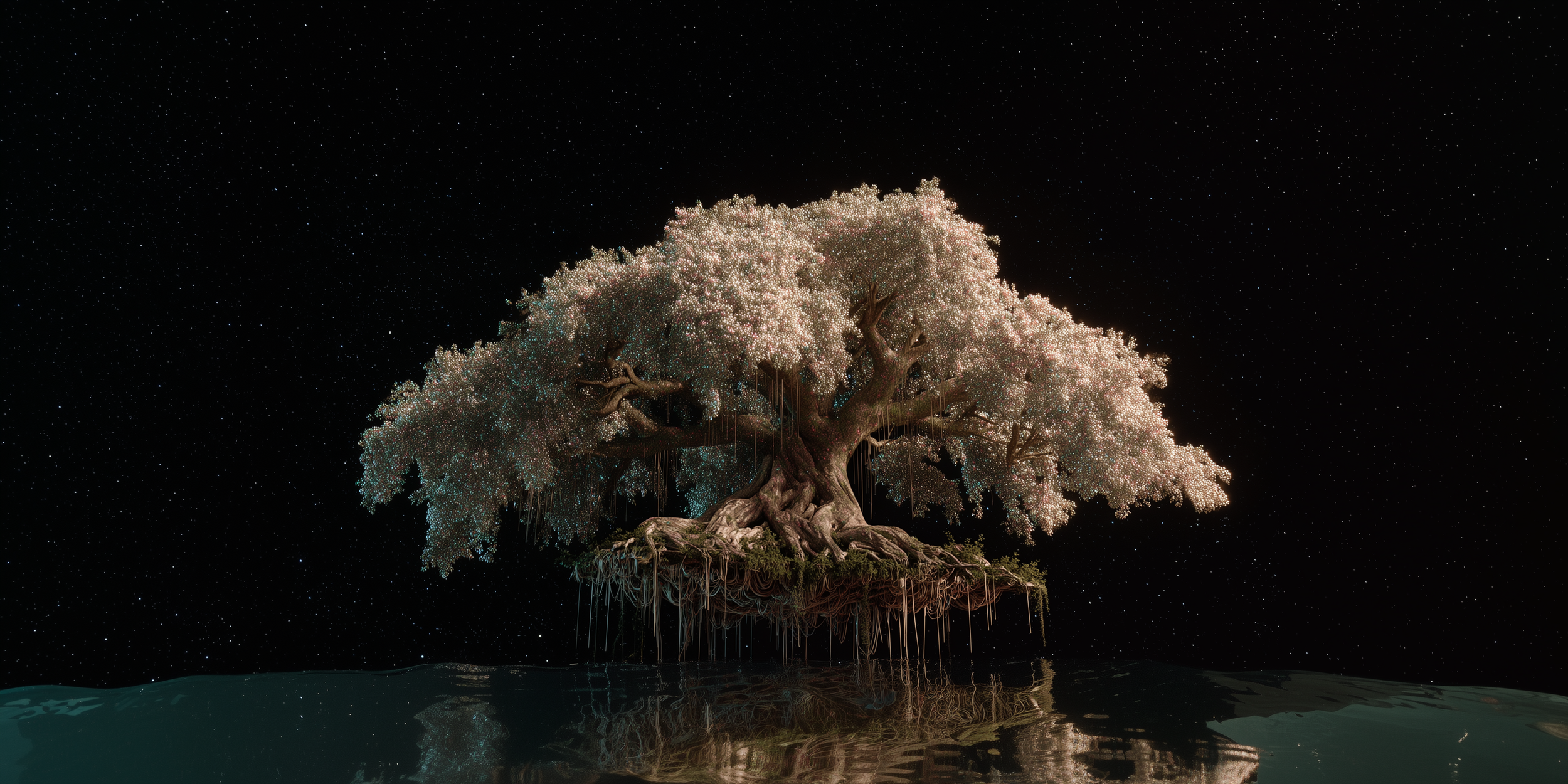 A large, illuminated tree with expansive branches and leaves, floating above water with reflections, set against a starry night sky.