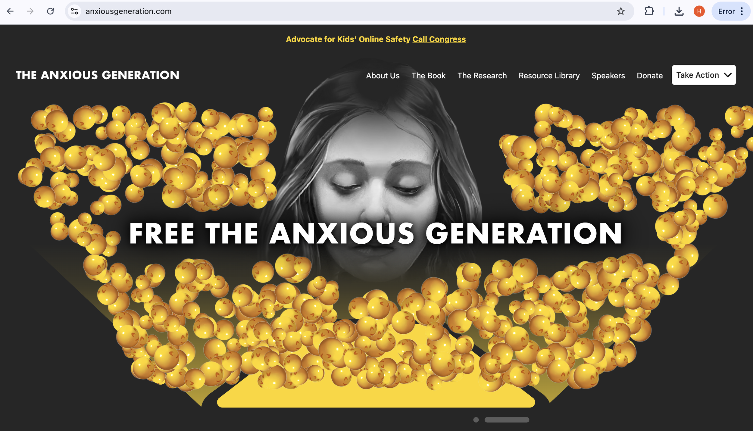 Website homepage titled 'The Anxious Generation' featuring a grayscale image of a person's face surrounded by numerous yellow emoji faces with worried expressions. Central text reads 'Free The Anxious Generation'. Navigation menu includes options like About Us, The Book, The Research, Resource Library, Speakers, Donate, and Take Action. Banner encourages advocating for kids' online safety by contacting Congress.