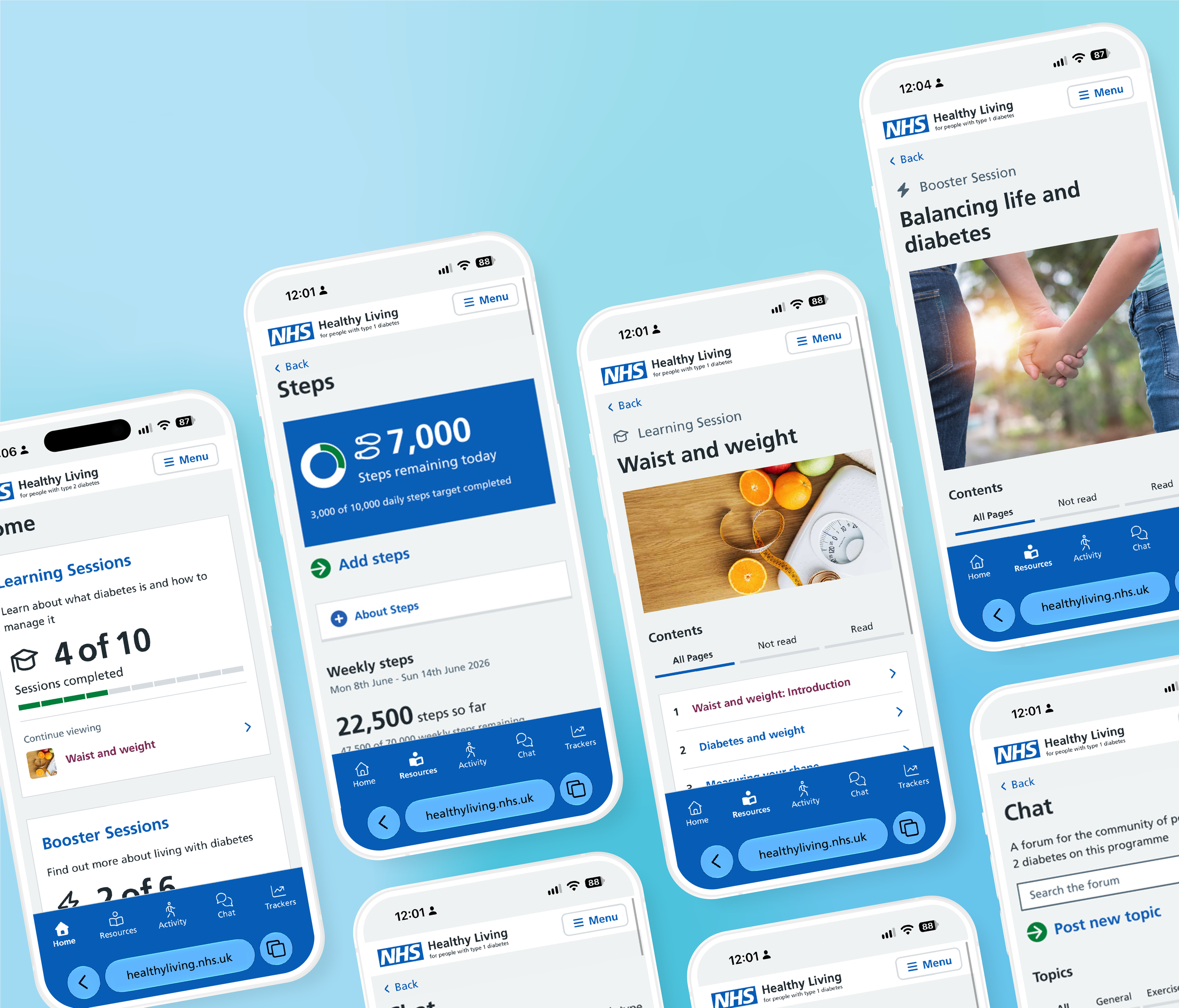 Multiple smartphone screens displaying the NHS Healthy Living app interface with sections on diabetes management, steps tracking, and wellness resources, set against a light blue background.