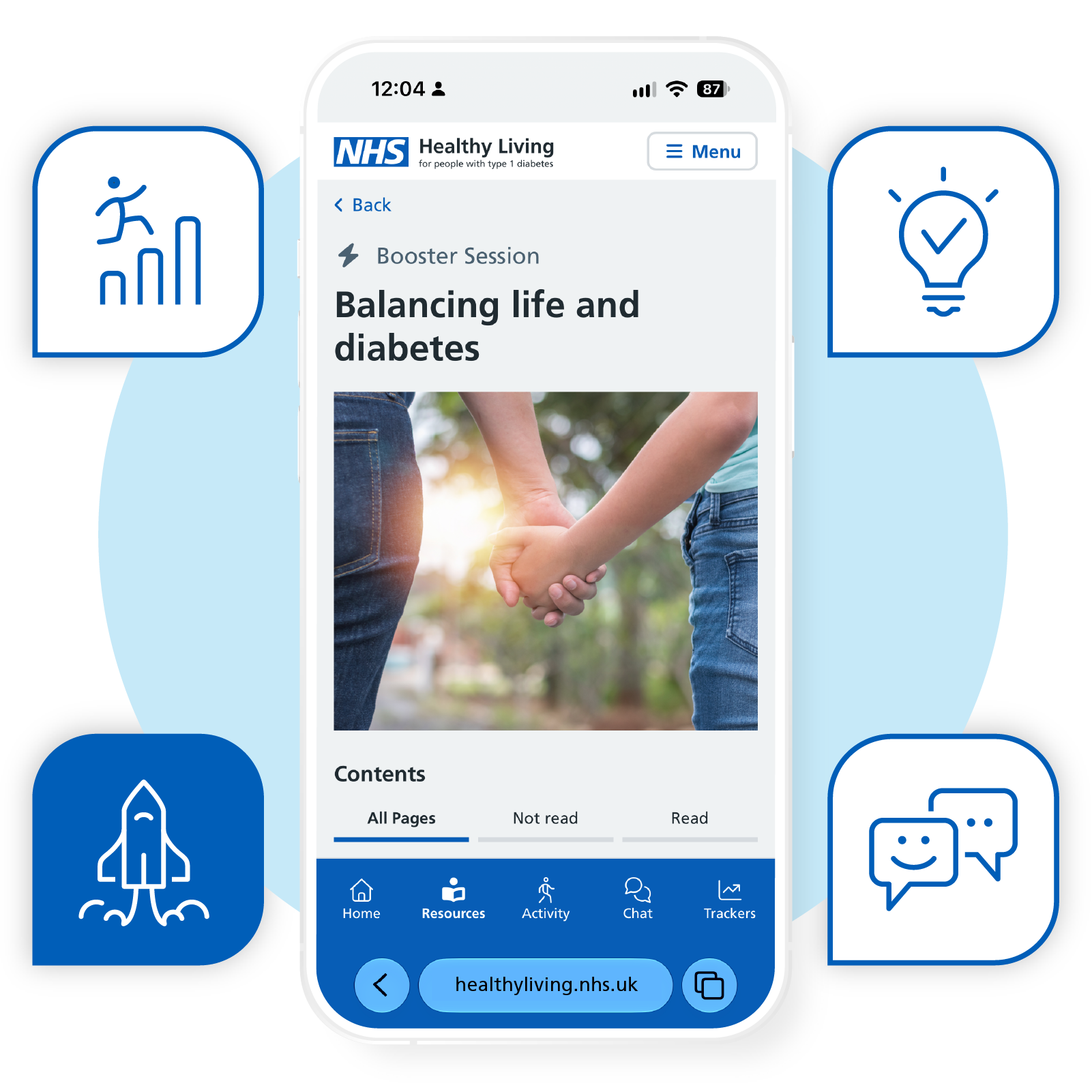 Mobile phone screen displaying a website titled 'Healthy Living' by NHS with an article on balancing life and diabetes, and icons for resources, activity, chat, and trackers surrounding the phone.