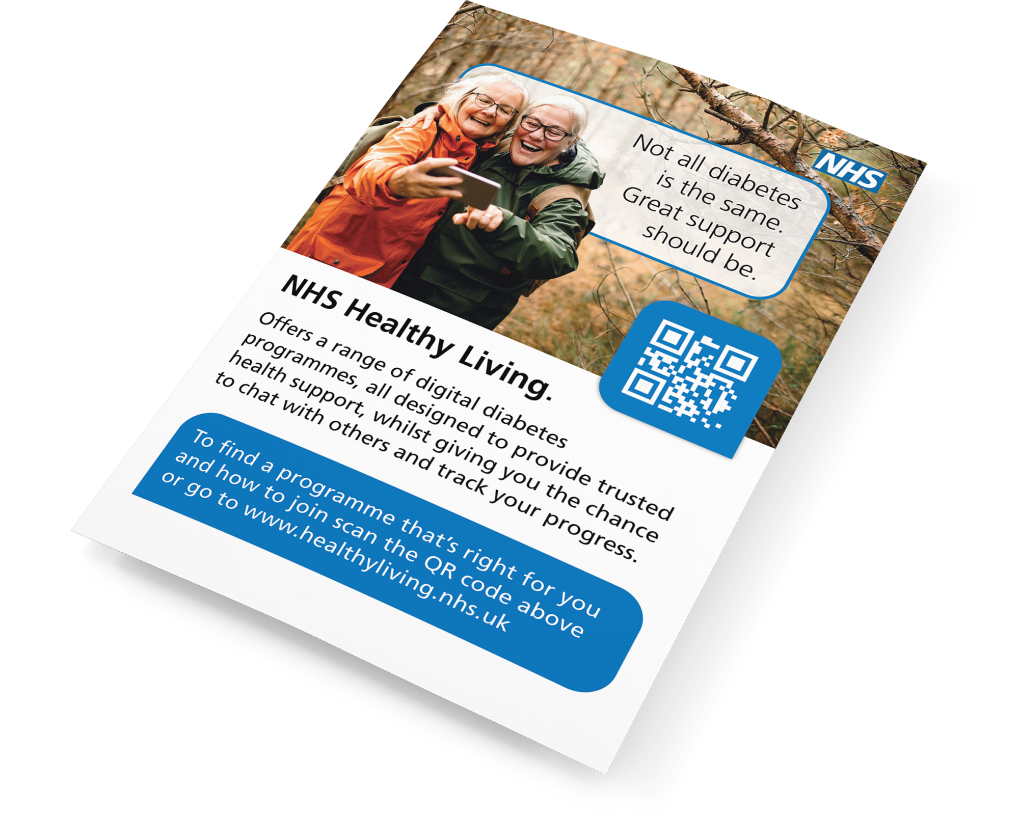 A flyer from NHS health organization featuring a photo of two elderly women in outdoor clothing, smiling and looking at a smartphone together, with a background of trees and branches. The flyer promotes digital diabetes support programs and includes a QR code and a URL.
