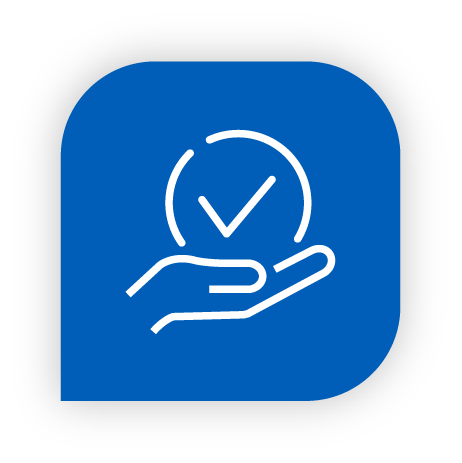 An icon of a hand holding a clock with a checkmark inside it, on a blue background.