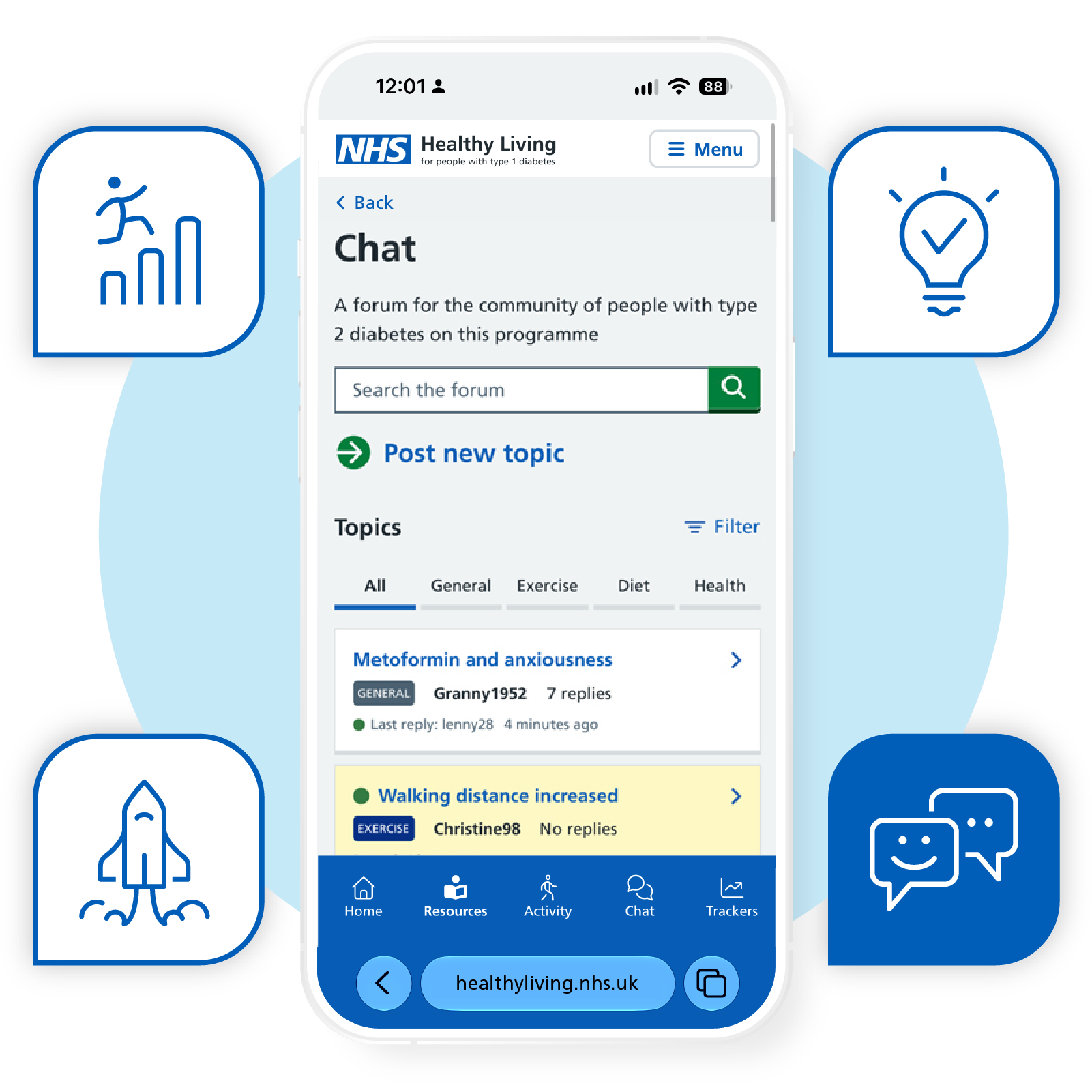 A smartphone displaying the NHS Healthy Living website with a forum section for people with type 2 diabetes, surrounded by icons representing health, exercise, and communication.