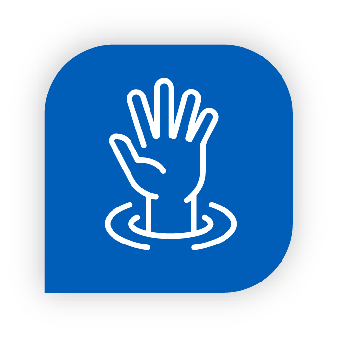 White outline of a hand reaching up from water inside a blue rounded square symbol.
