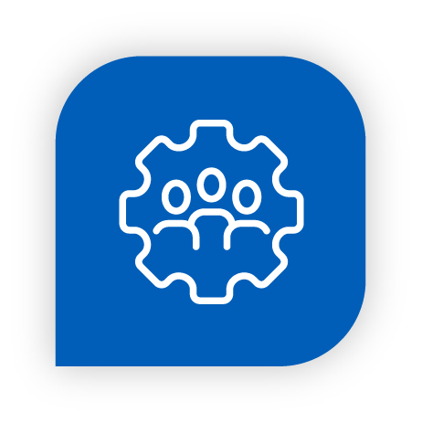 Icon of three ghost faces inside a gear, on a blue rounded square background.