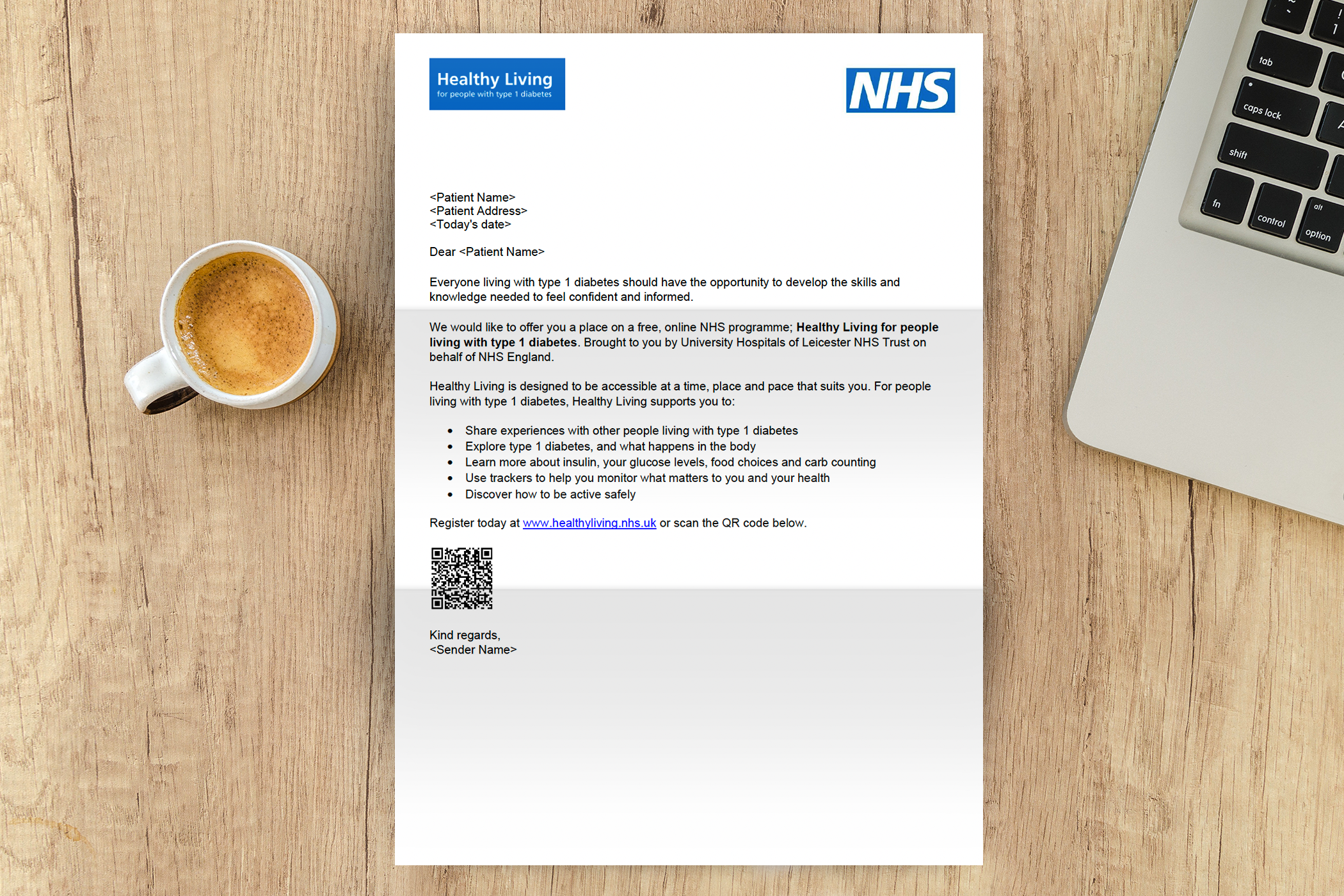 Letter from NHS about a free online program called Healthy Living for people with type 1 diabetes, placed on a wooden surface next to a cup of coffee and a laptop keyboard.