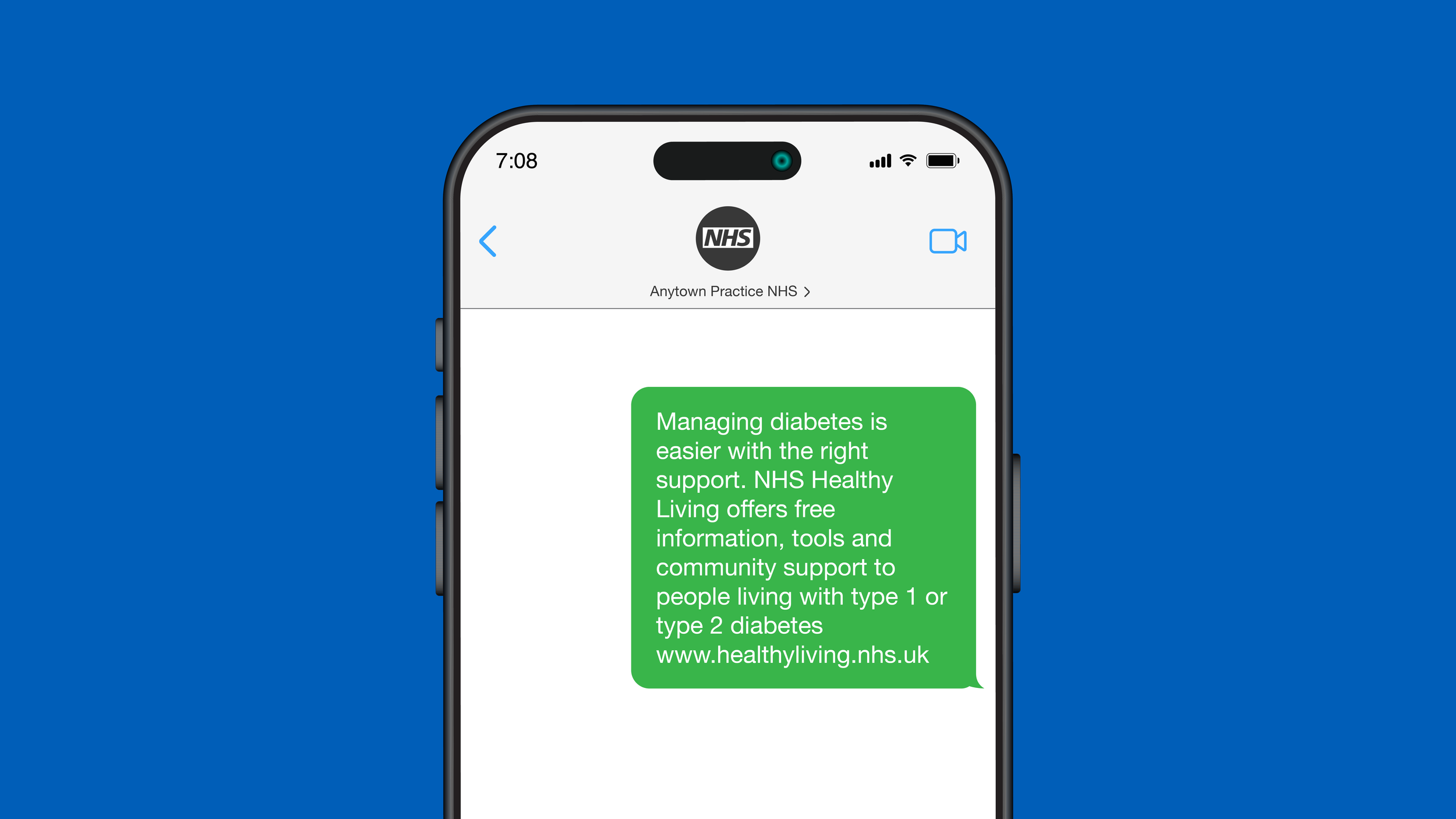 Smartphone screen displaying a health information chat with a green message bubble about managing diabetes, and a black NHS logo at the top.