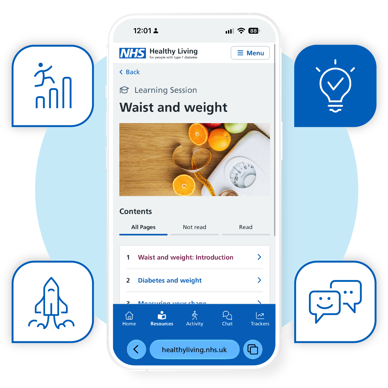 Mobile phone displaying a health learning resource on NHS Healthy Living website, with icons around it representing activity, ideas, prayer, chat, and communication.