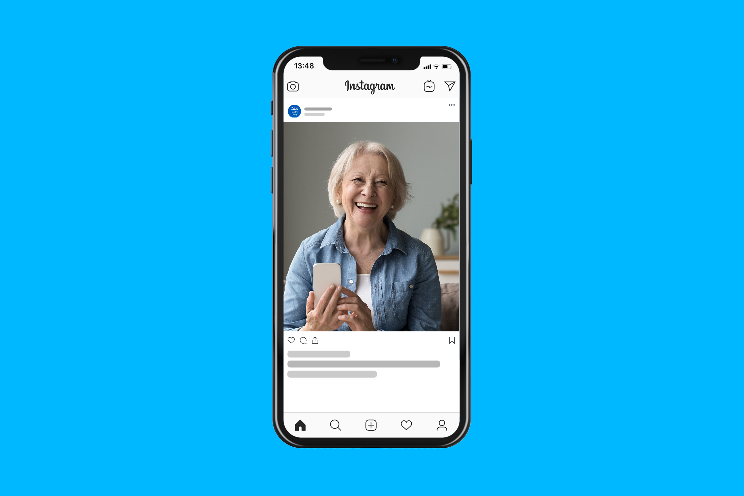 An iPhone screen showing a woman with white hair smiling and holding a phone, in a social media app with a blue background.